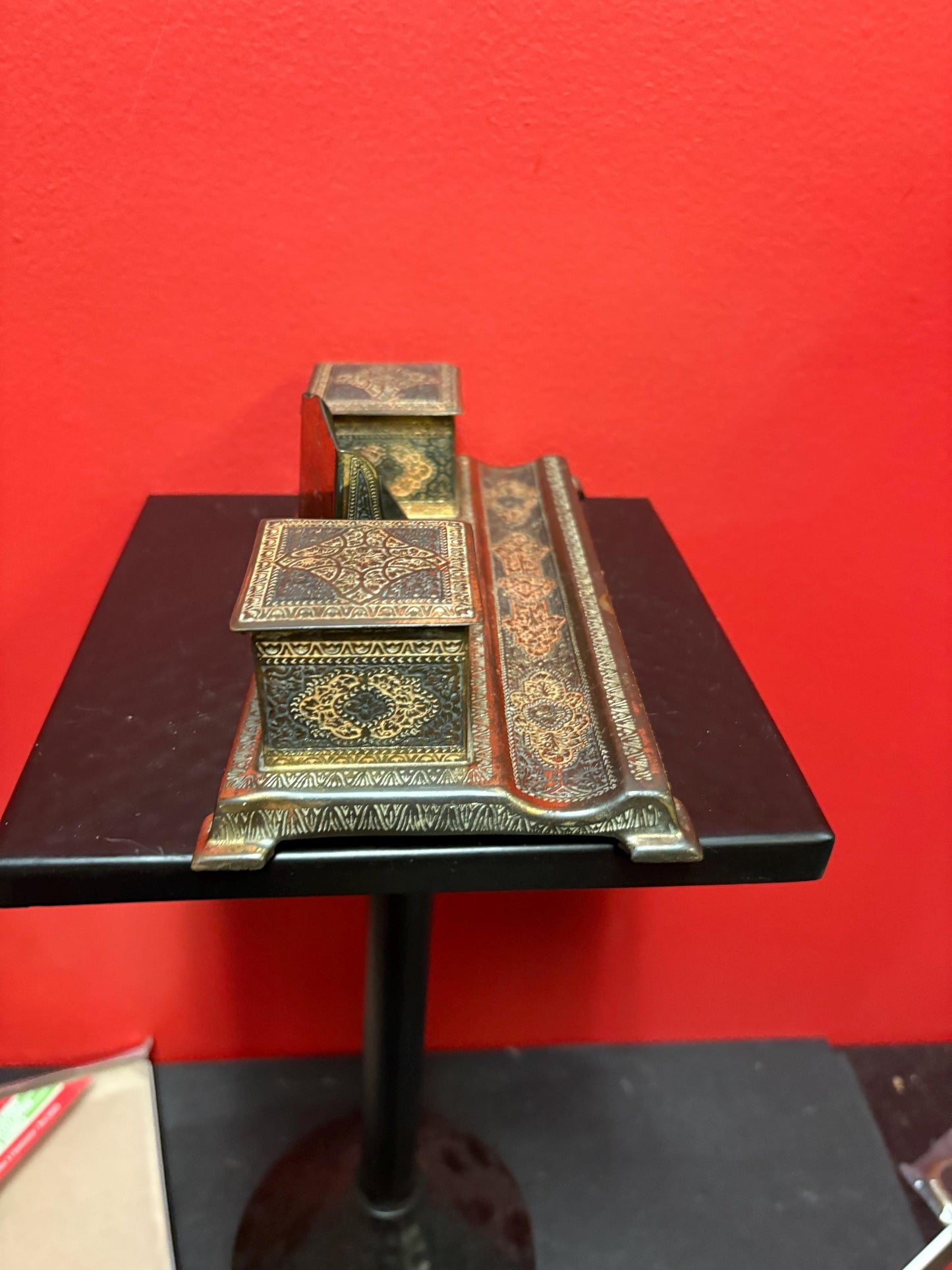 Vintage English Indian Raj style 8 x 5 x 2 1/2“ high highly engraved inkwell set no bottles  great gift