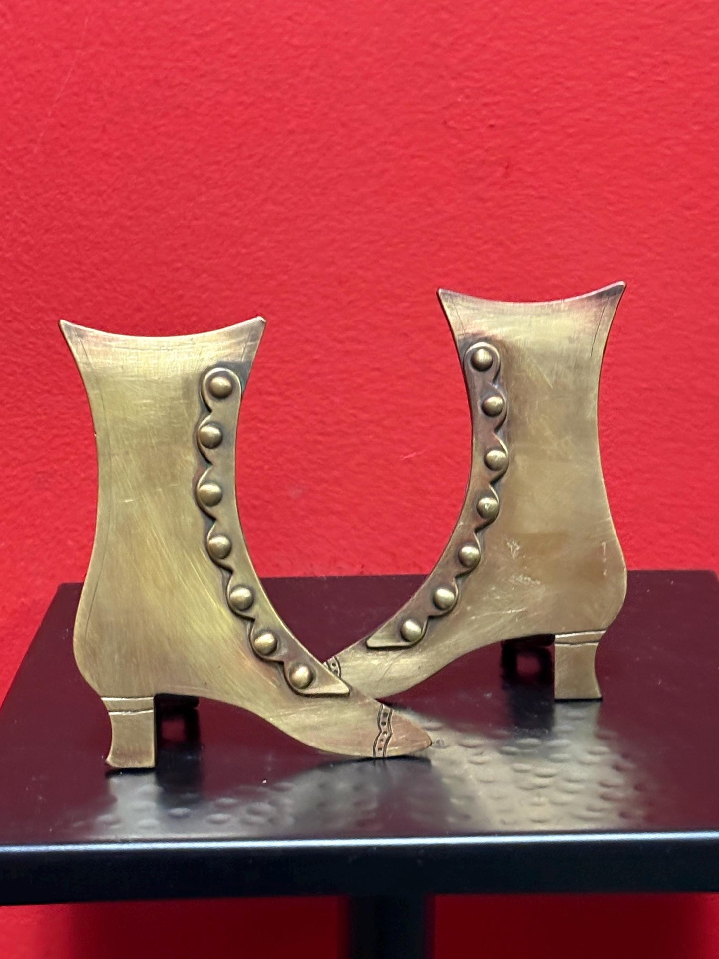 Pair of antique English brass 4 1/2 inch tall boots  ornamental or bookends