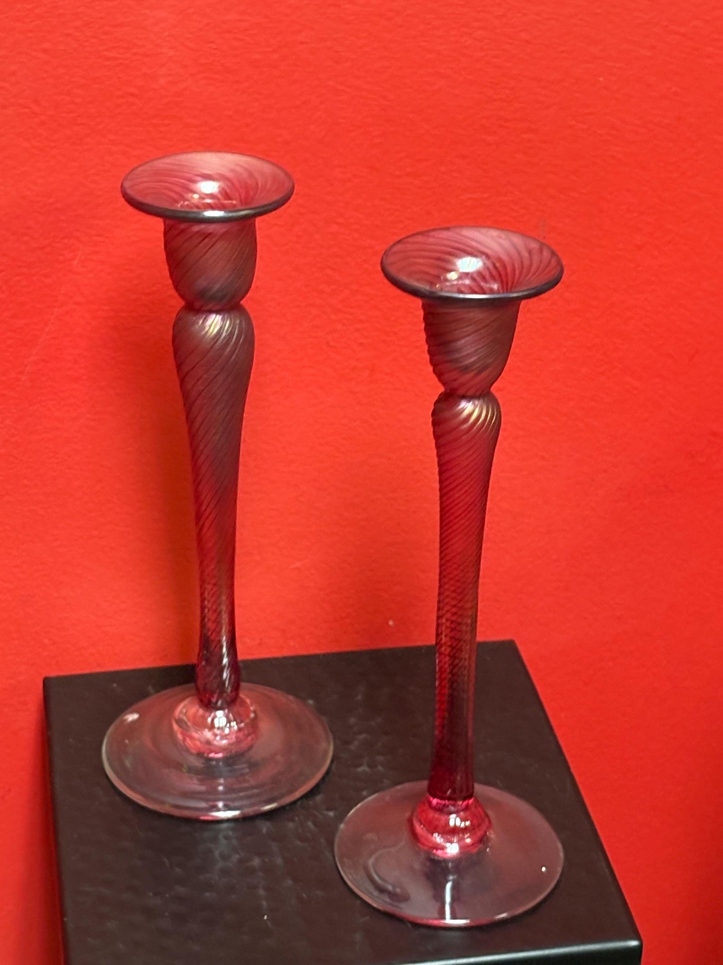 Robert held 10 inch Vancouver Island iridescent hand blown candlesticks  pair is in perfect condition