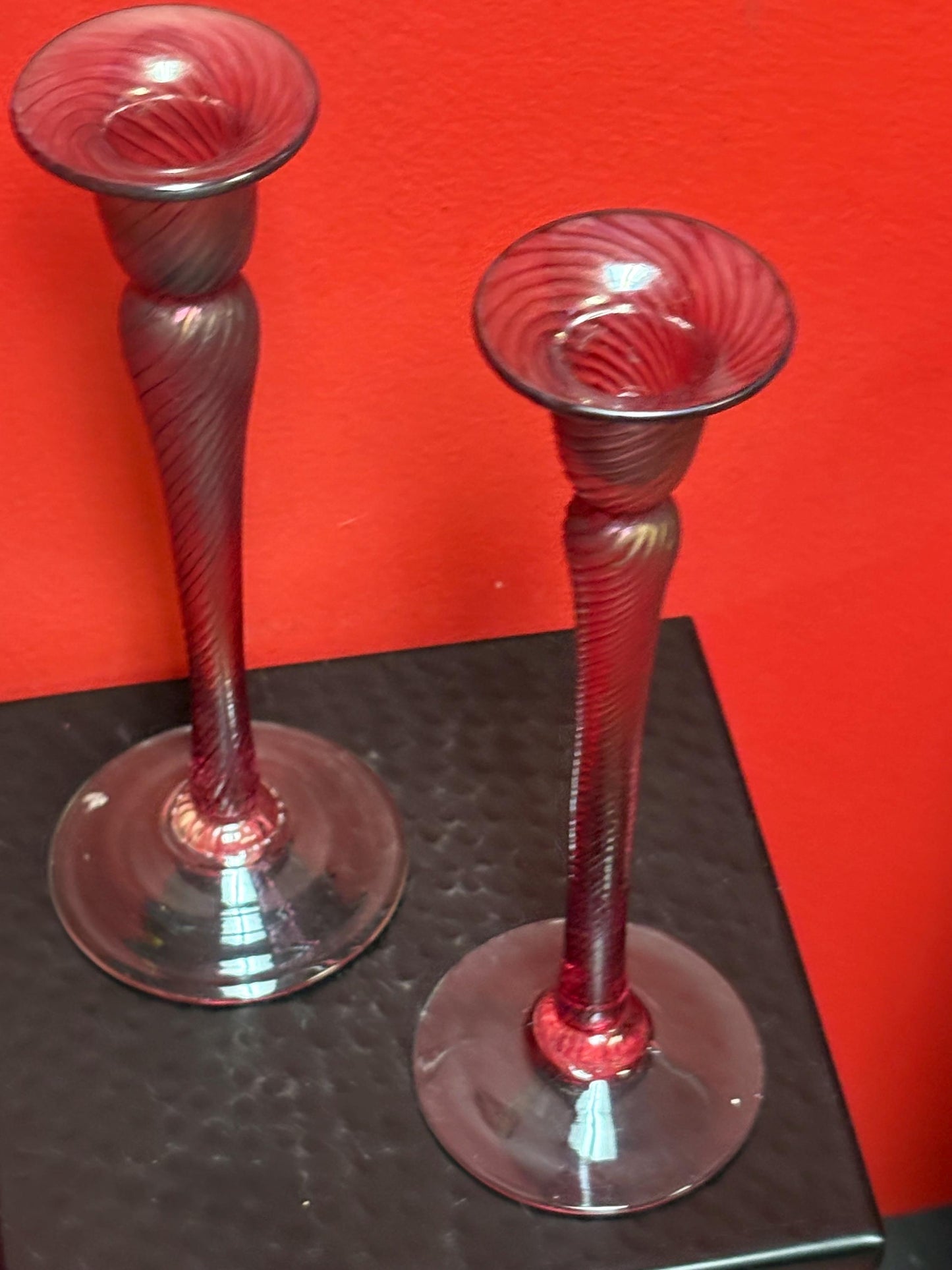 Robert held 10 inch Vancouver Island iridescent hand blown candlesticks  pair is in perfect condition