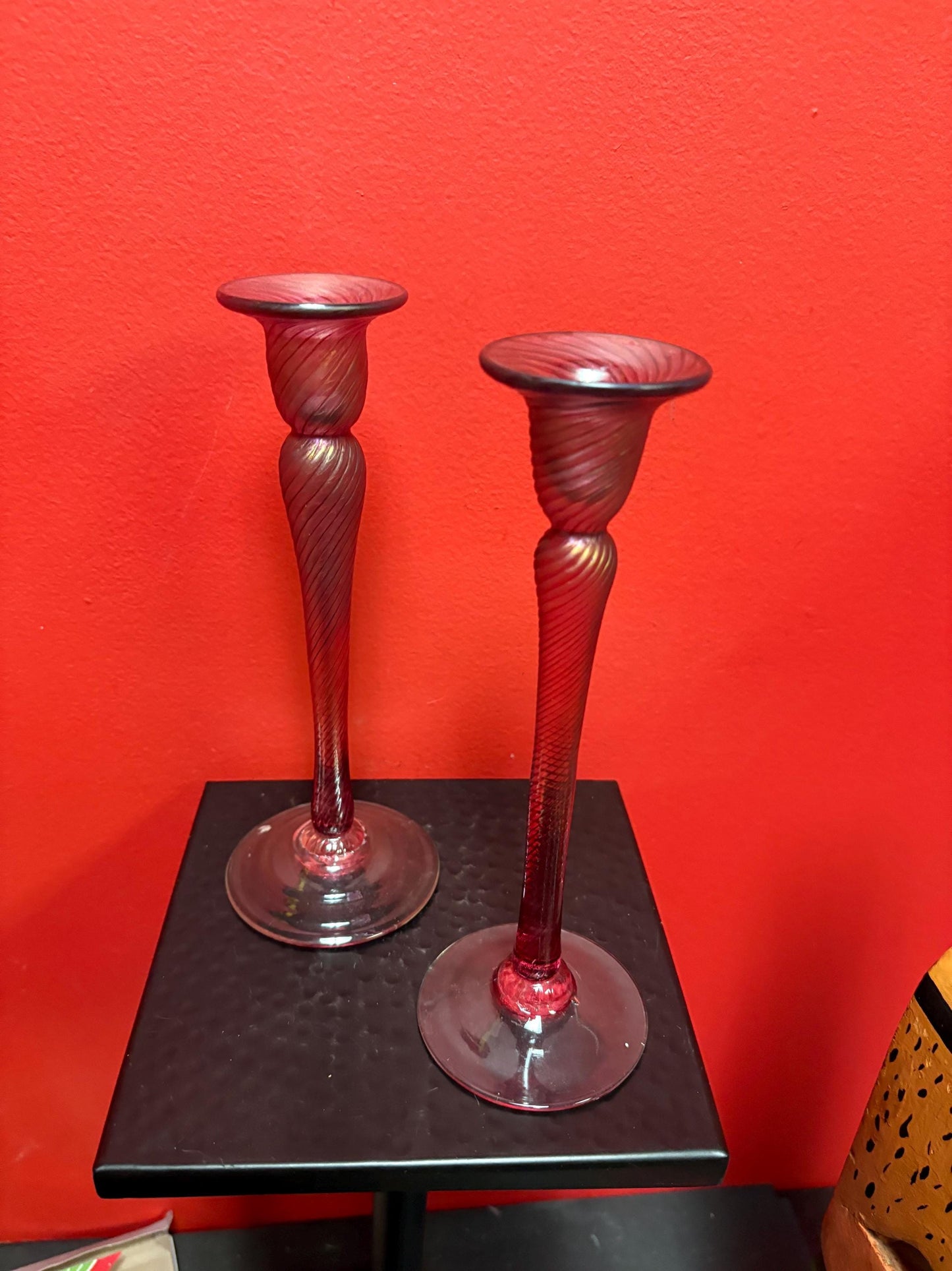 Robert held 10 inch Vancouver Island iridescent hand blown candlesticks  pair is in perfect condition