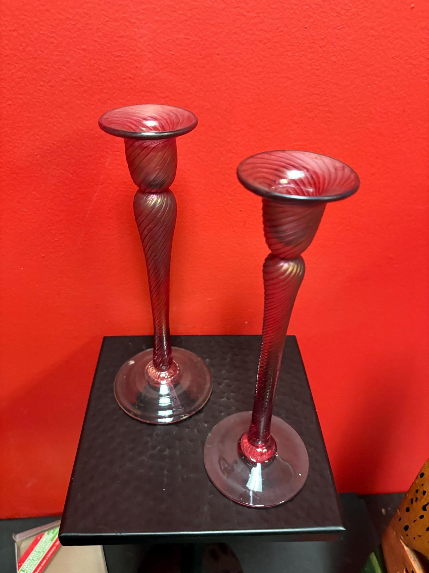 Robert held 10 inch Vancouver Island iridescent hand blown candlesticks  pair is in perfect condition
