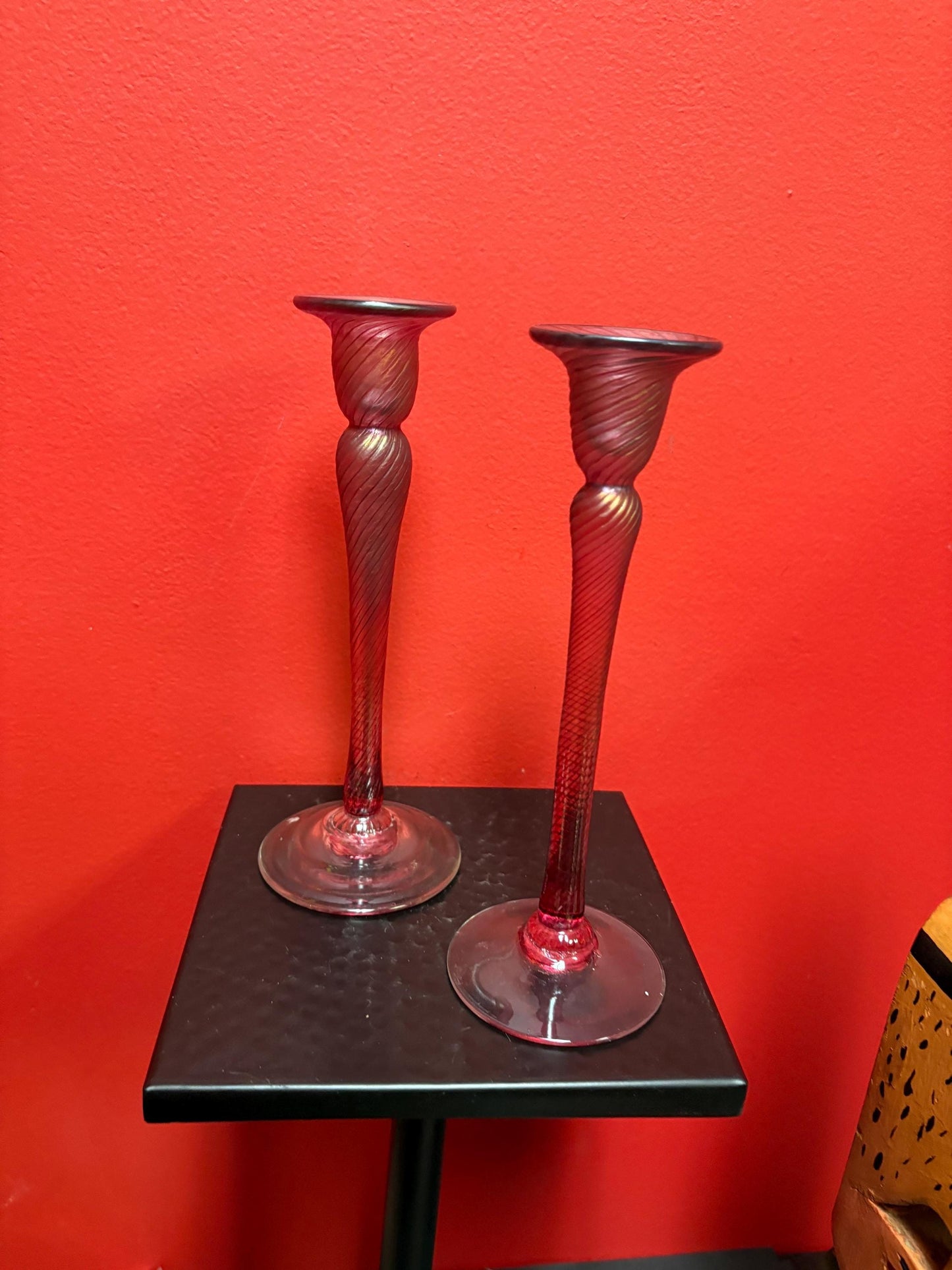 Robert held 10 inch Vancouver Island iridescent hand blown candlesticks  pair is in perfect condition