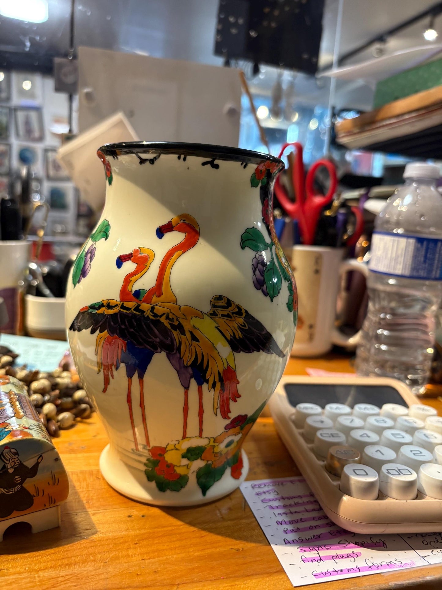 rare Antique Royal Doulton Mandarin wear flamingo vase by Robert Allen   Minor paint flaking  7 inches tall