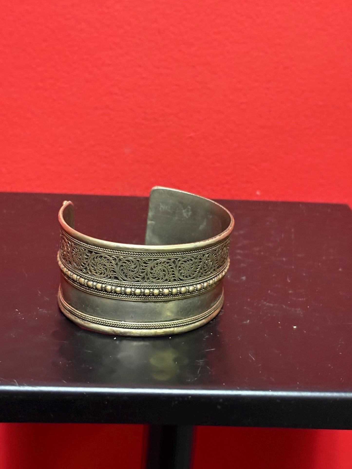 Persian vintage silver plate and brass Cuff bangle - 3 x 1.5 high  nice detail