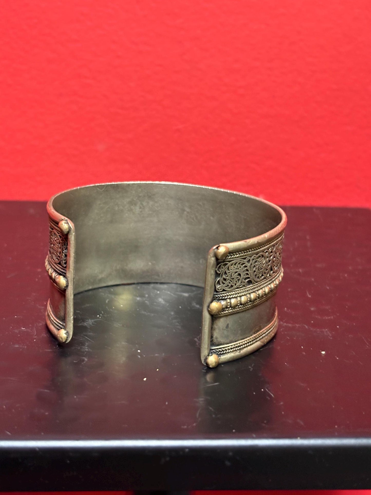 Persian vintage silver plate and brass Cuff bangle - 3 x 1.5 high  nice detail
