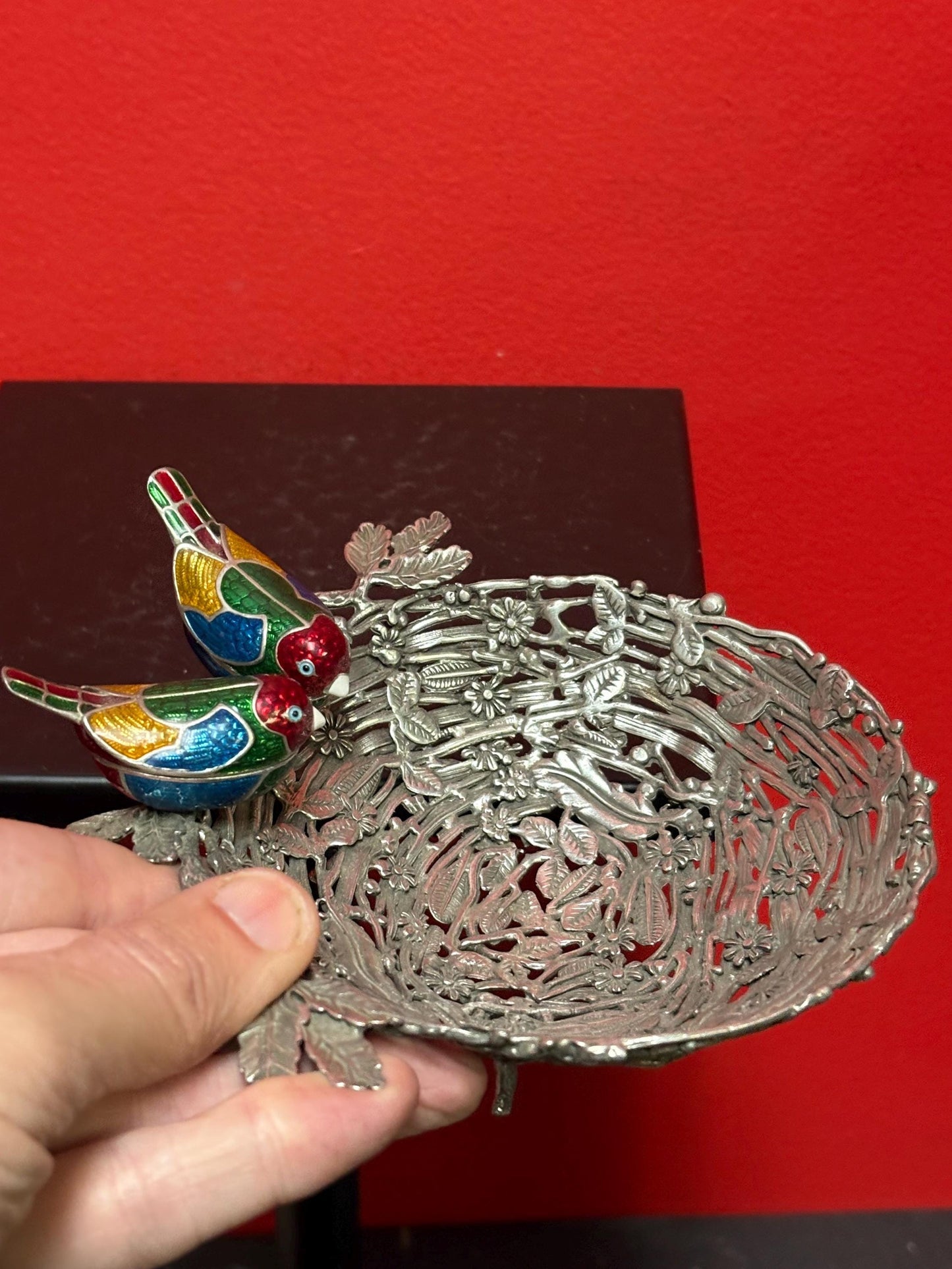 Stunning 6 x 2 high and tested silver and enamel signed Birds nest bowl with amazing detail