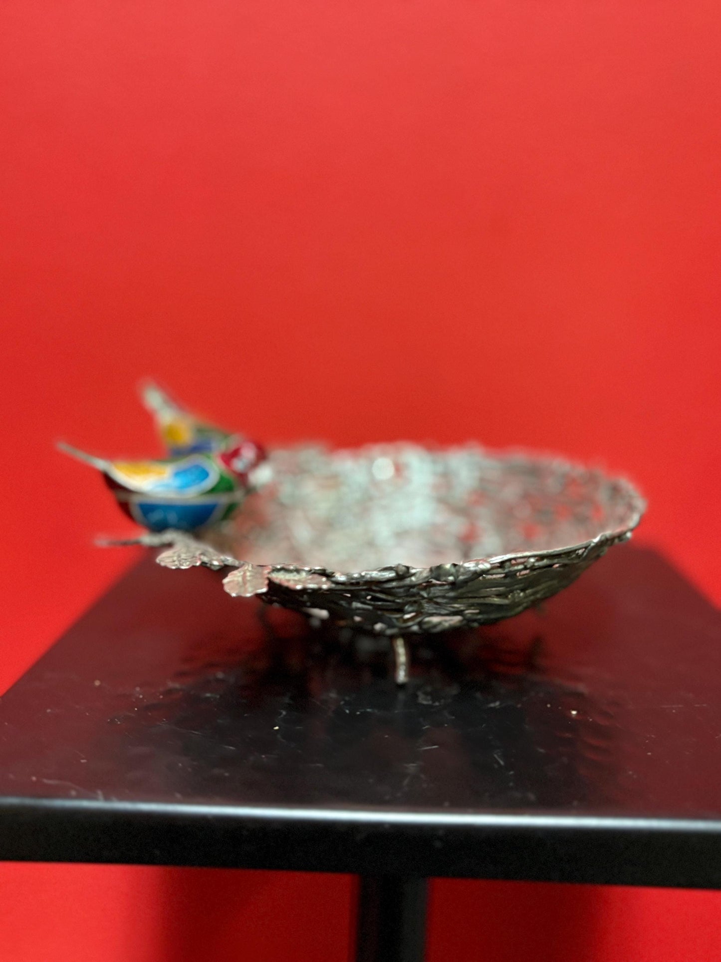 Stunning 6 x 2 high and tested silver and enamel signed Birds nest bowl with amazing detail