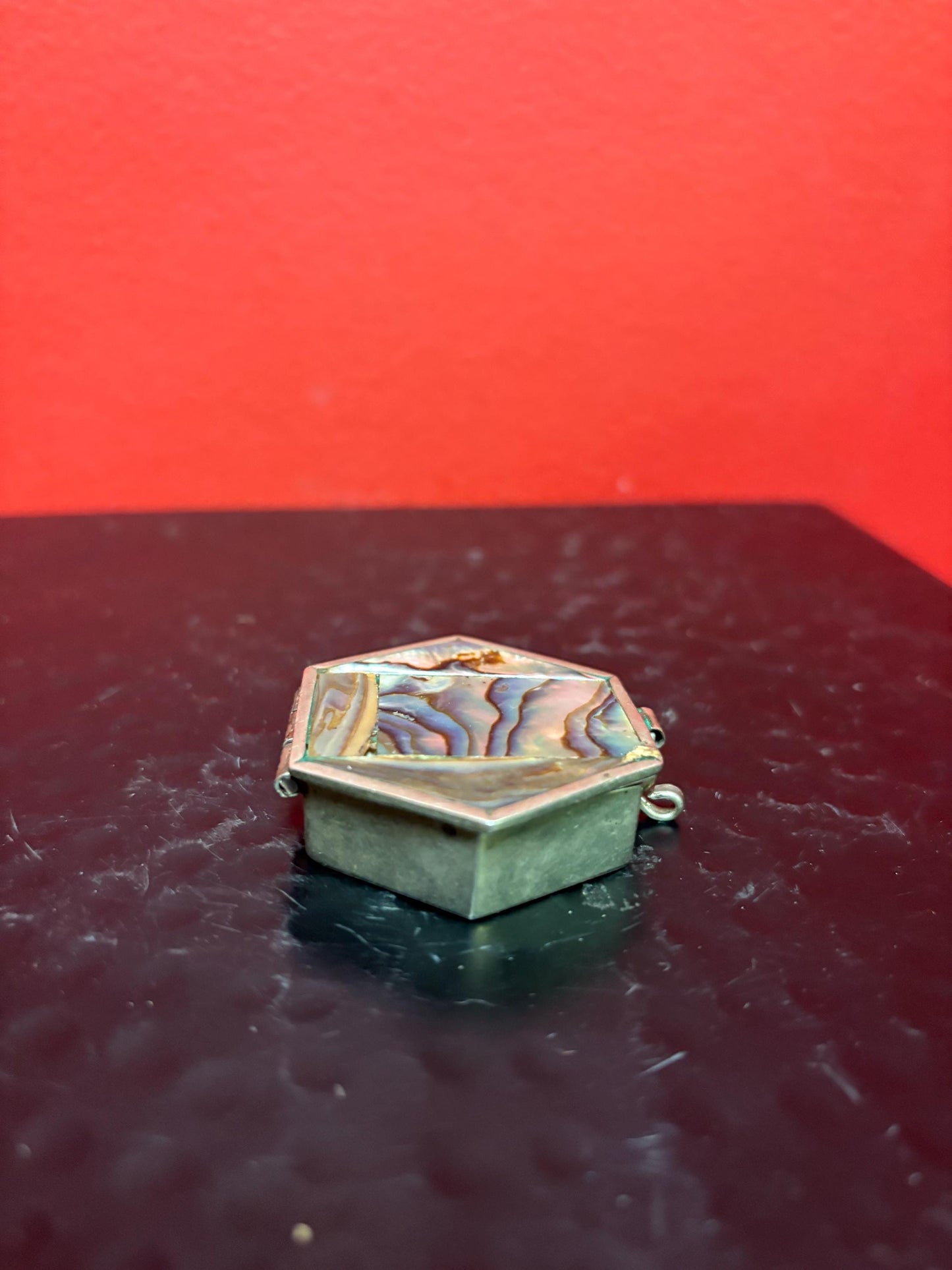 Mexican untested silver and abalone shell box  2 inches long