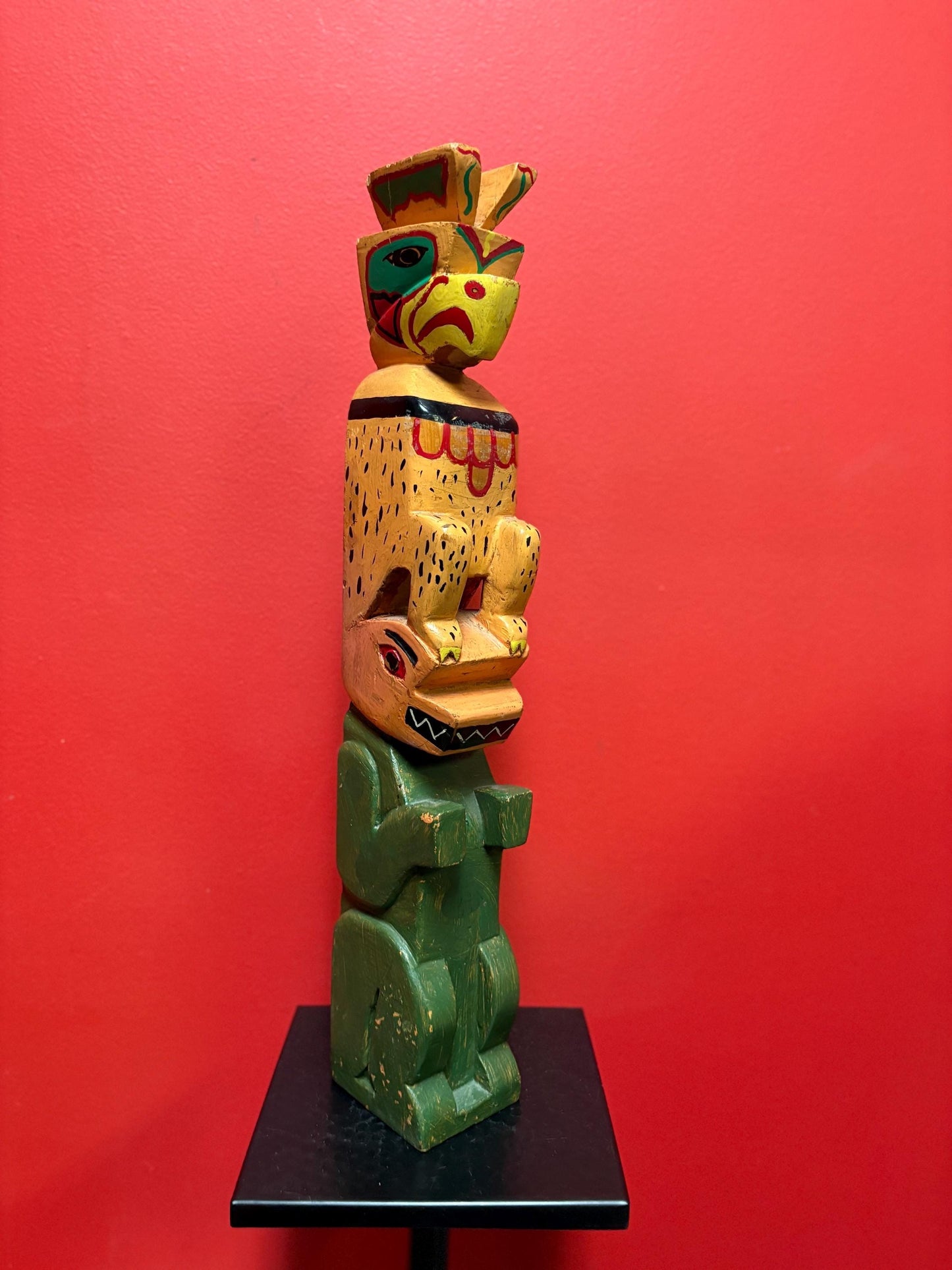 Antique primitive indigenous first nation pacific north West Coast 19 inch tall eagle frog transformation totem pole