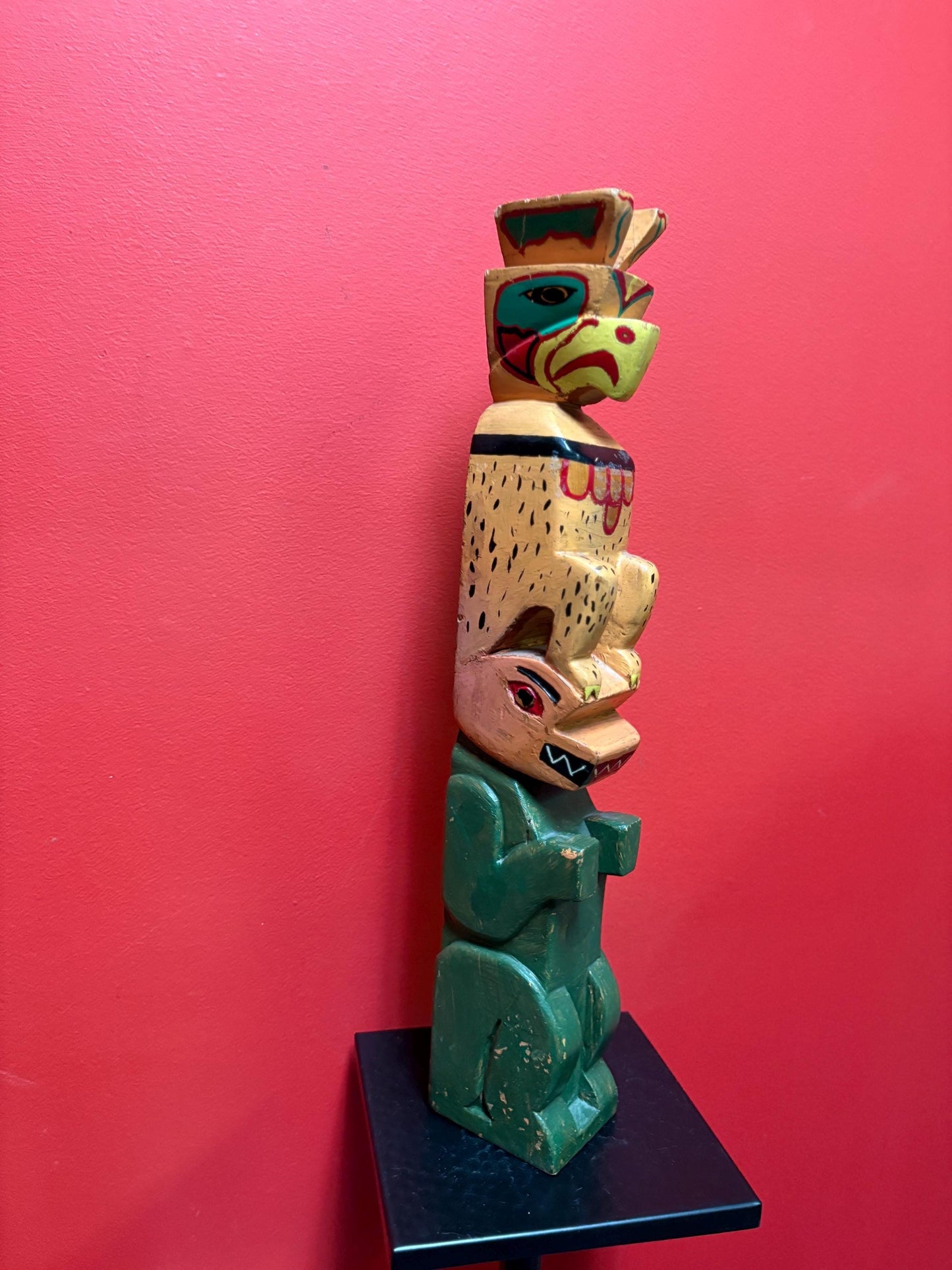 Antique primitive indigenous first nation pacific north West Coast 19 inch tall eagle frog transformation totem pole