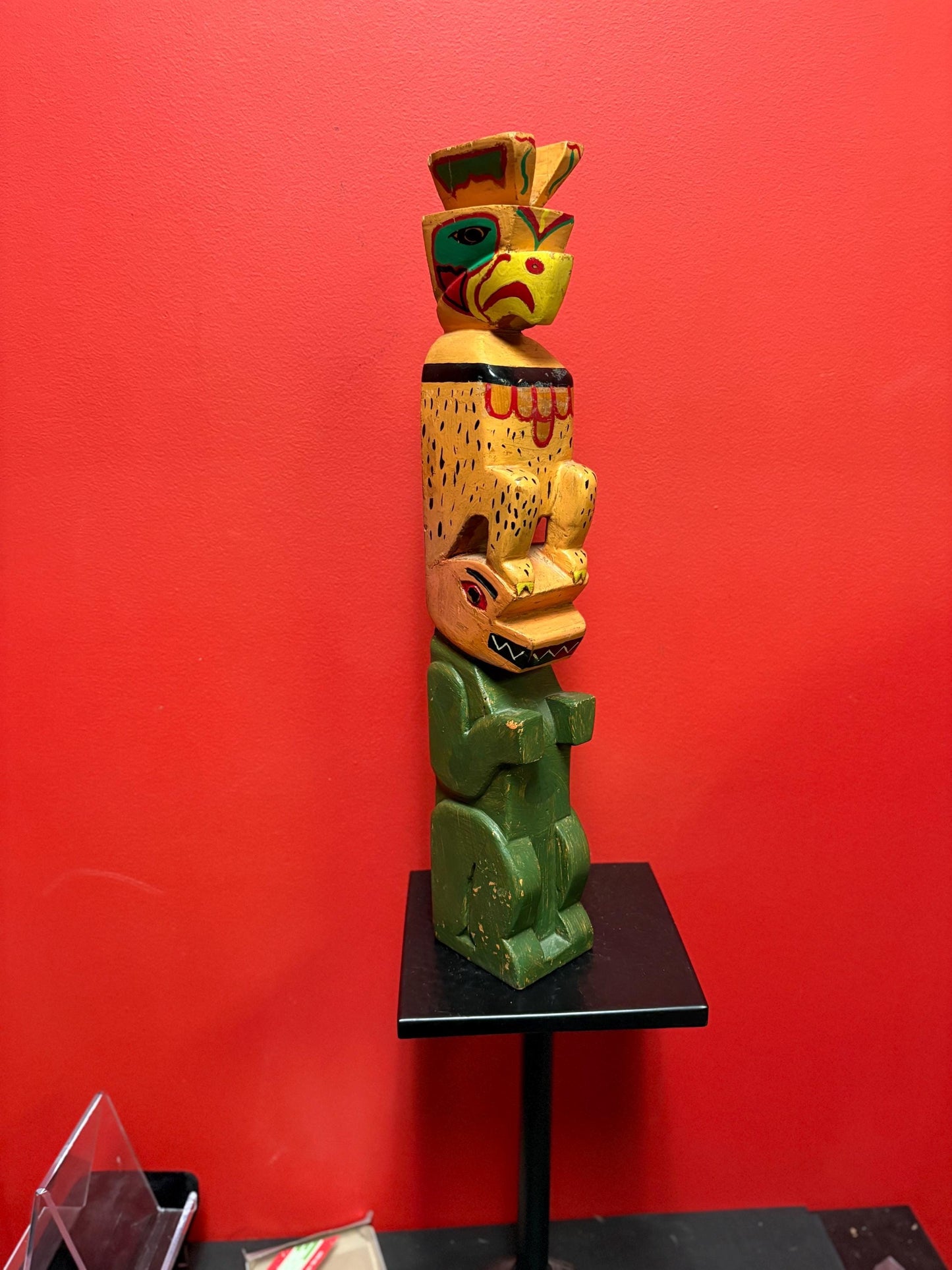 Antique primitive indigenous first nation pacific north West Coast 19 inch tall eagle frog transformation totem pole