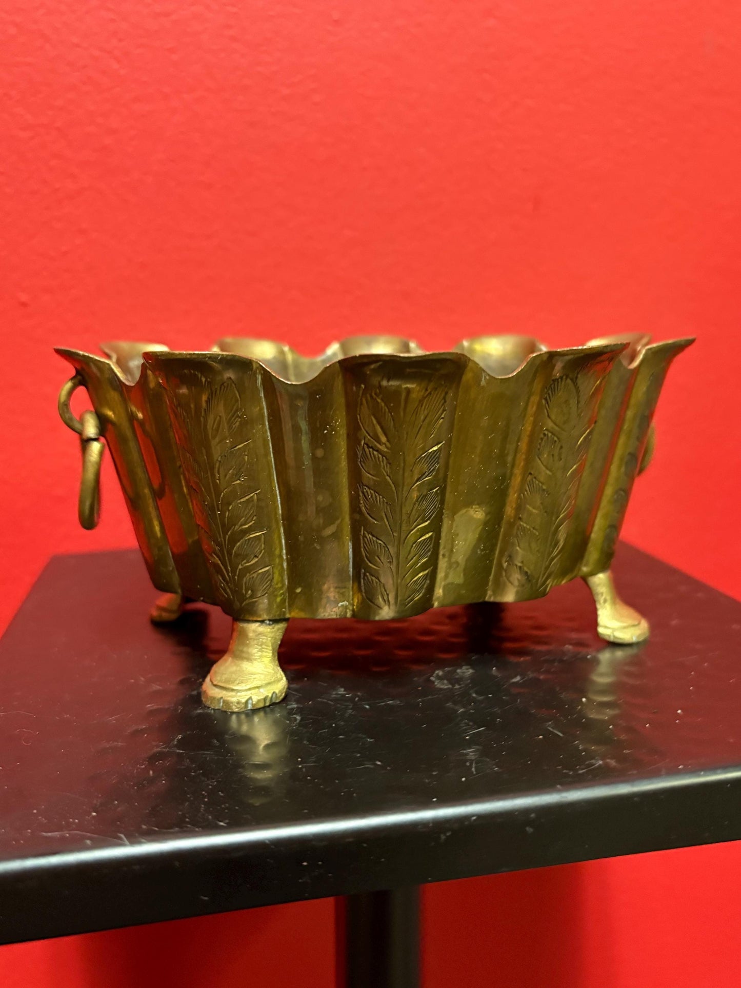 Small signed antique Indian brass planter   6 x 4 x 3 1/2“ high