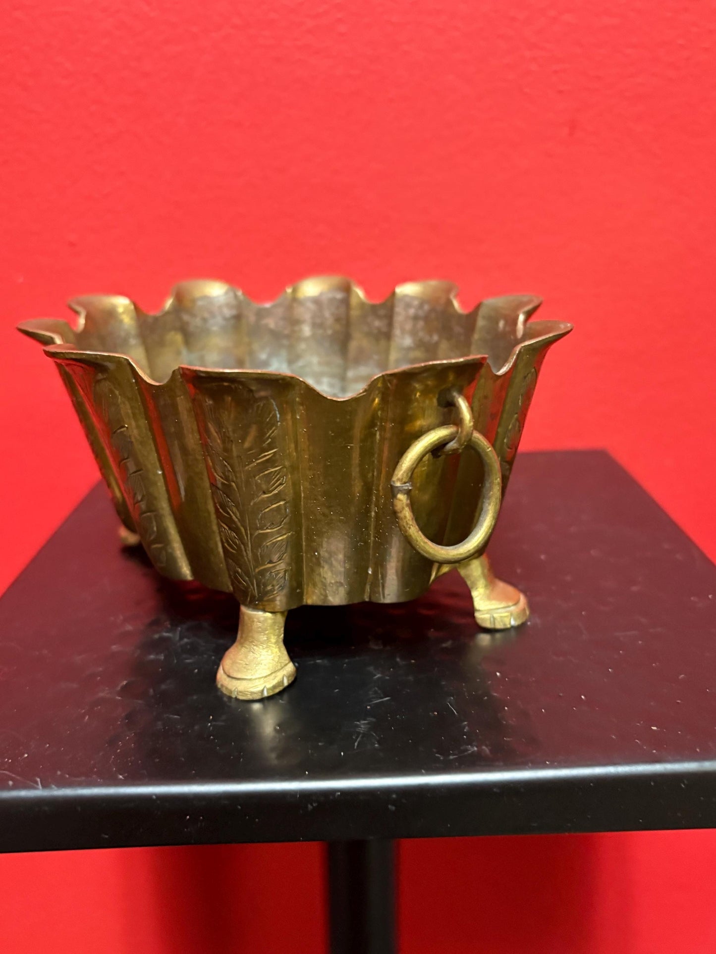 Small signed antique Indian brass planter   6 x 4 x 3 1/2“ high