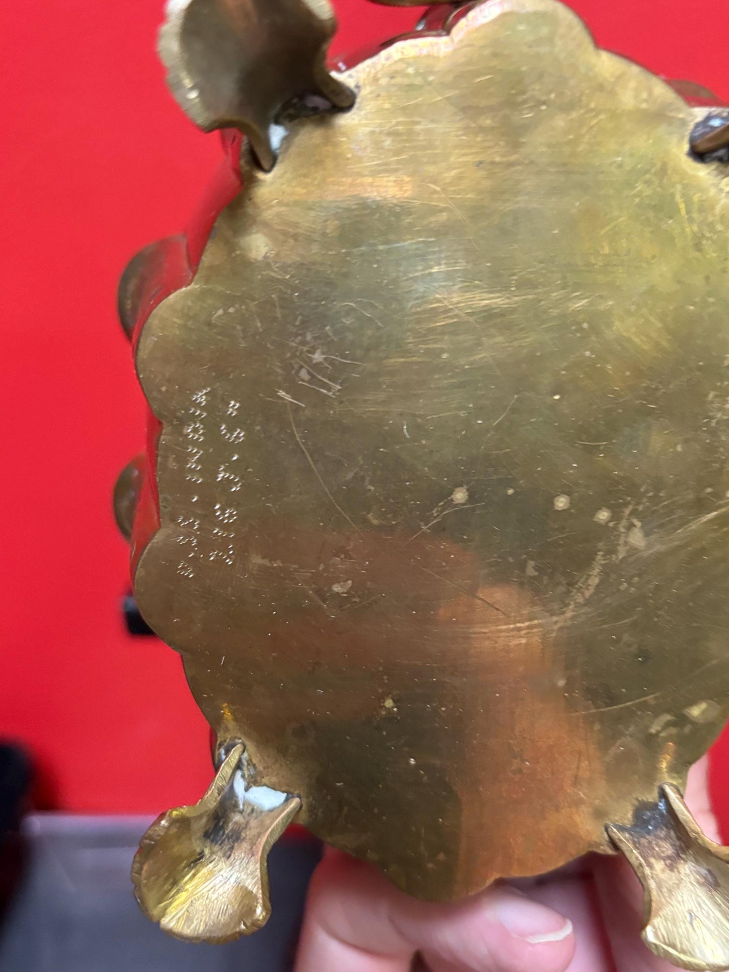 Small signed antique Indian brass planter   6 x 4 x 3 1/2“ high