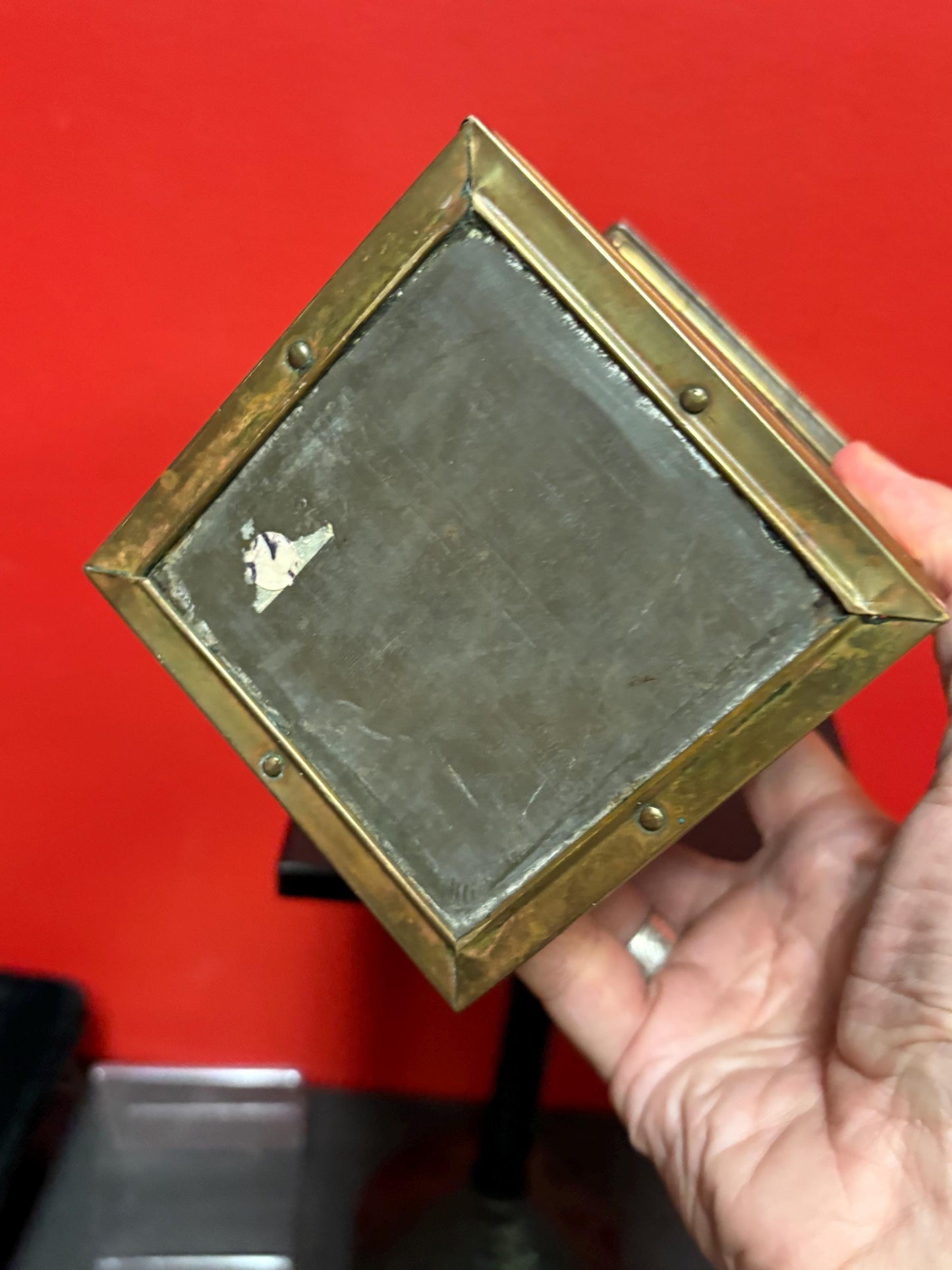 Small signed antique Indian brass planter   6 x 4 x 3 1/2“ high