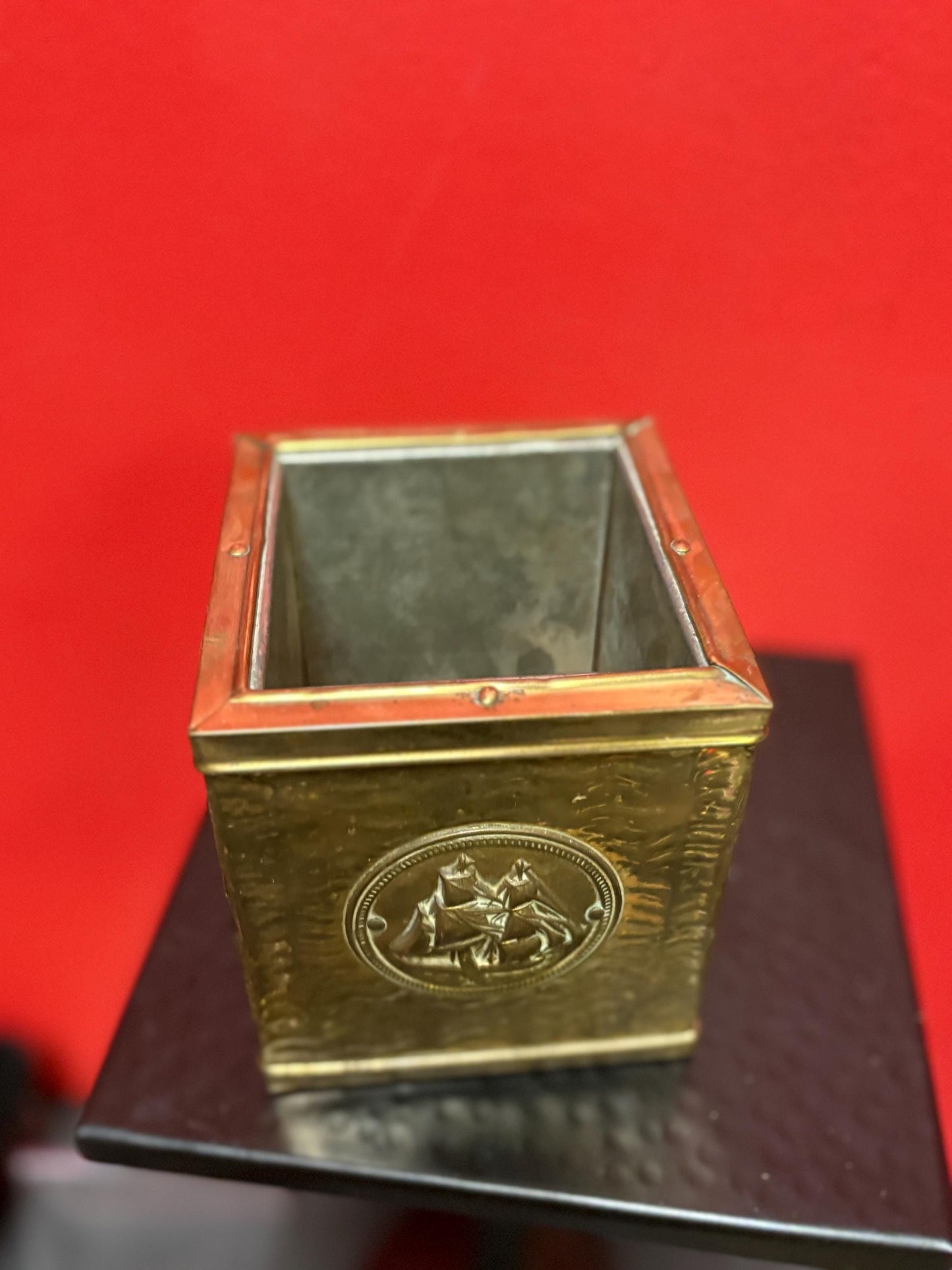 Small signed antique Indian brass planter   6 x 4 x 3 1/2“ high