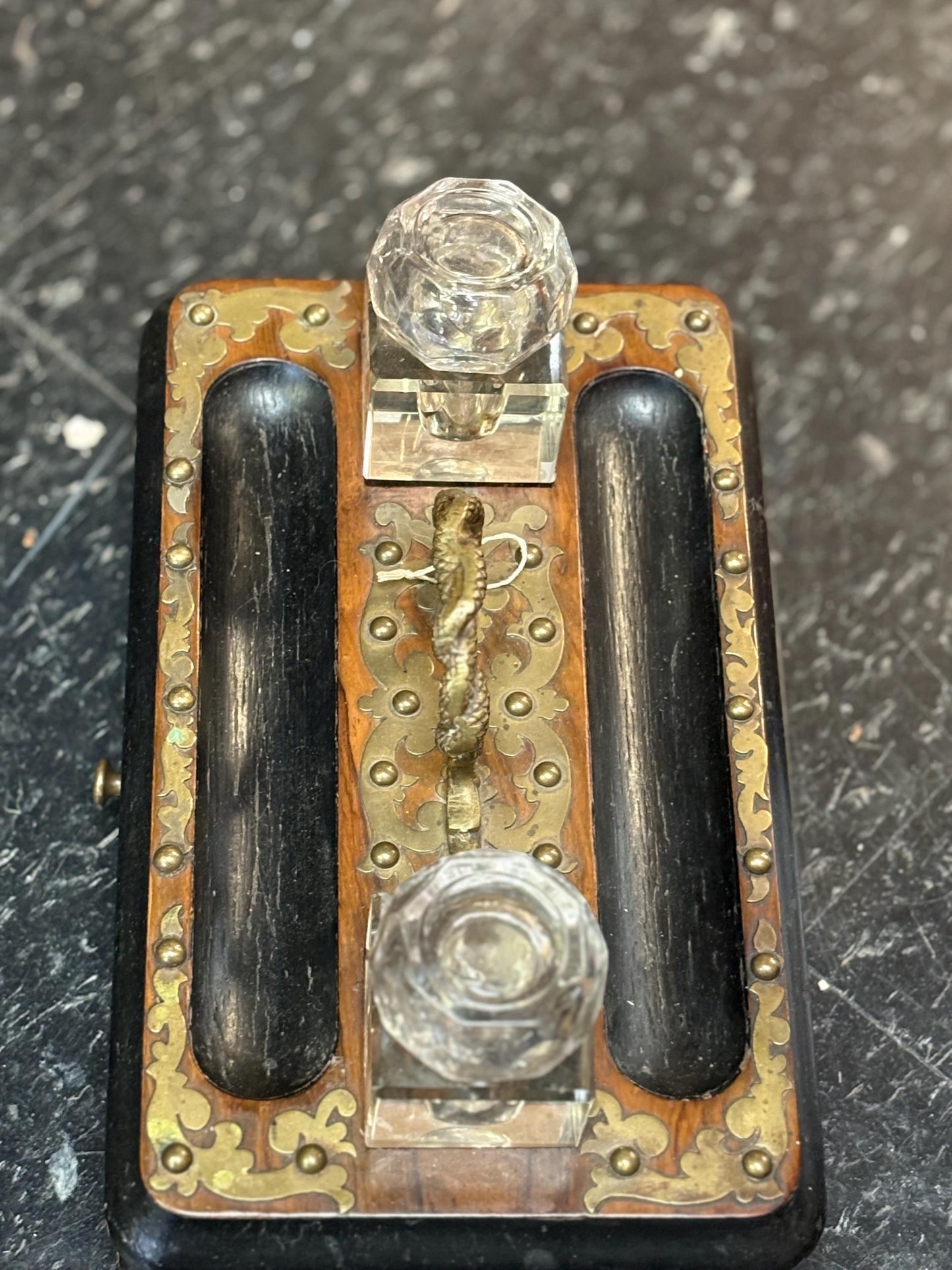 Antique 10 x 6 x 6 inch inkwell set  wonderful style and condition  great for desk or gift