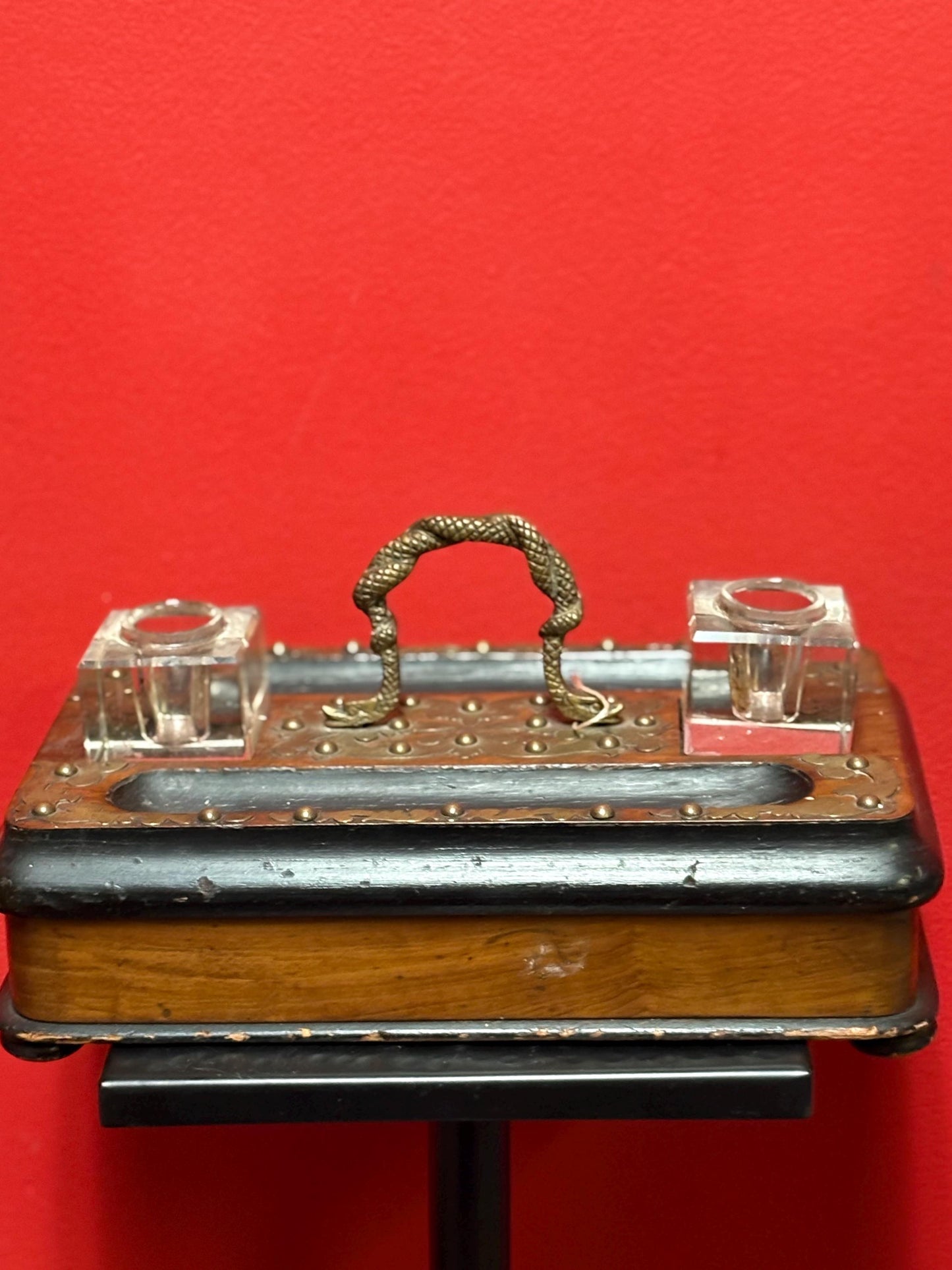 Antique 10 x 6 x 6 inch inkwell set  wonderful style and condition  great for desk or gift