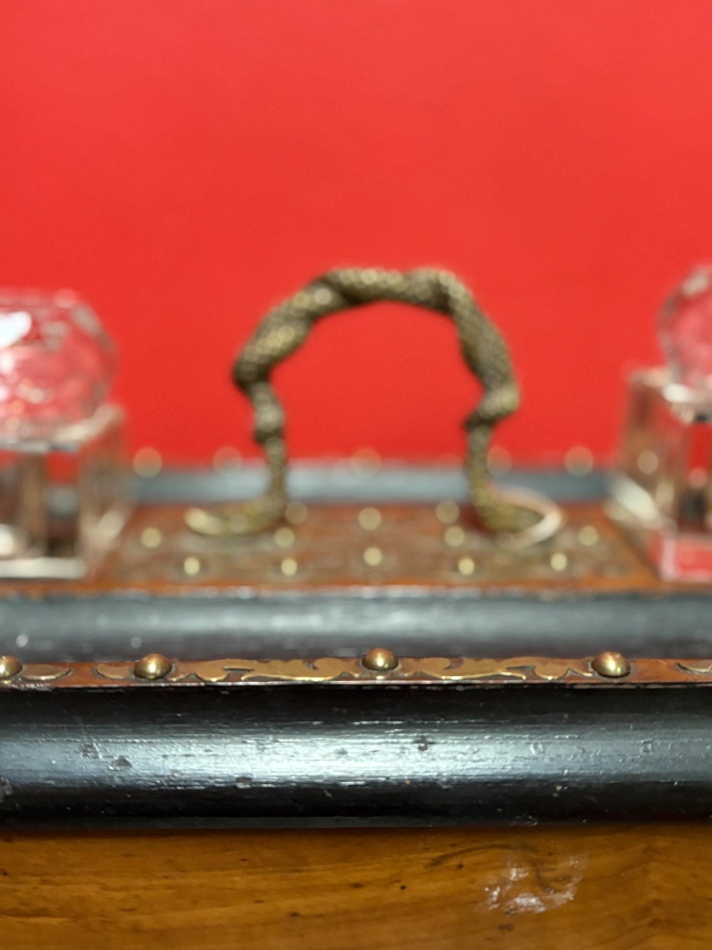 Antique 10 x 6 x 6 inch inkwell set  wonderful style and condition  great for desk or gift