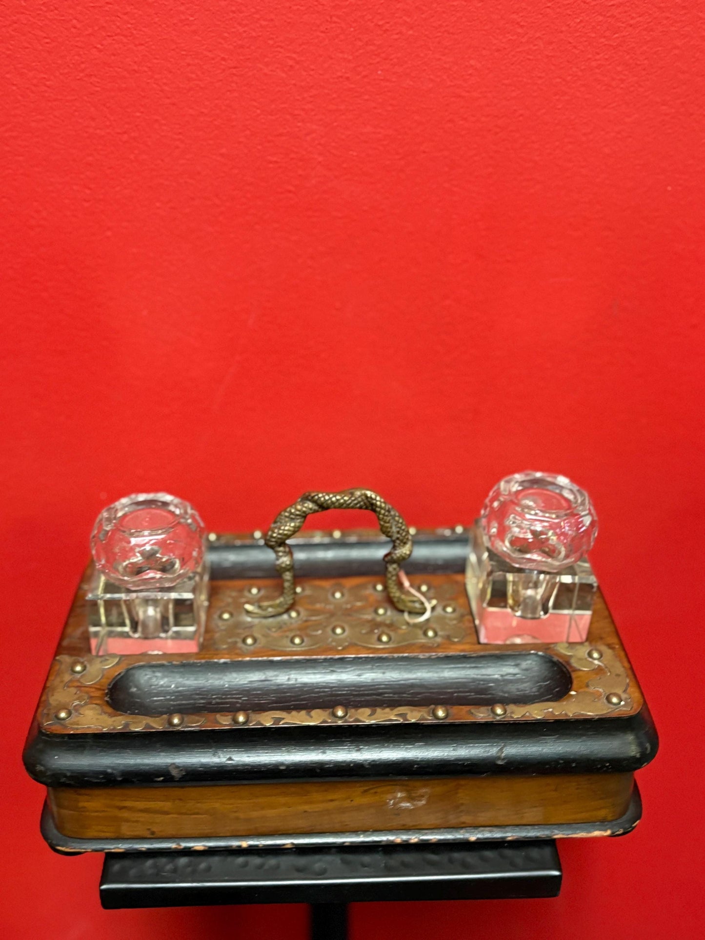 Antique 10 x 6 x 6 inch inkwell set  wonderful style and condition  great for desk or gift