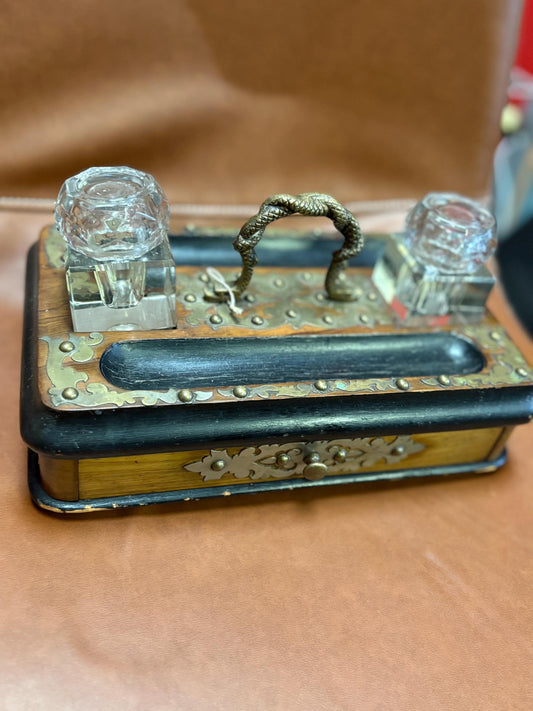 Antique 10 x 6 x 6 inch inkwell set  wonderful style and condition  great for desk or gift