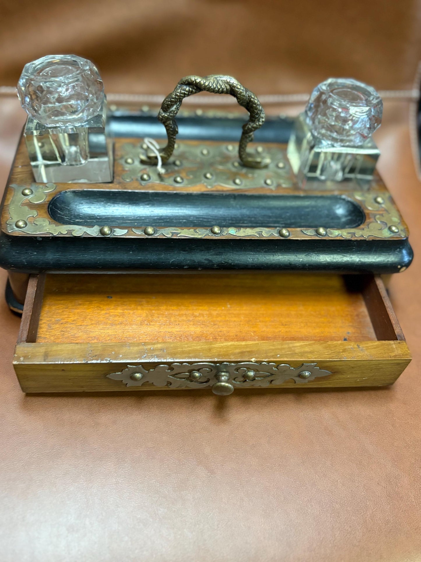 Antique 10 x 6 x 6 inch inkwell set  wonderful style and condition  great for desk or gift