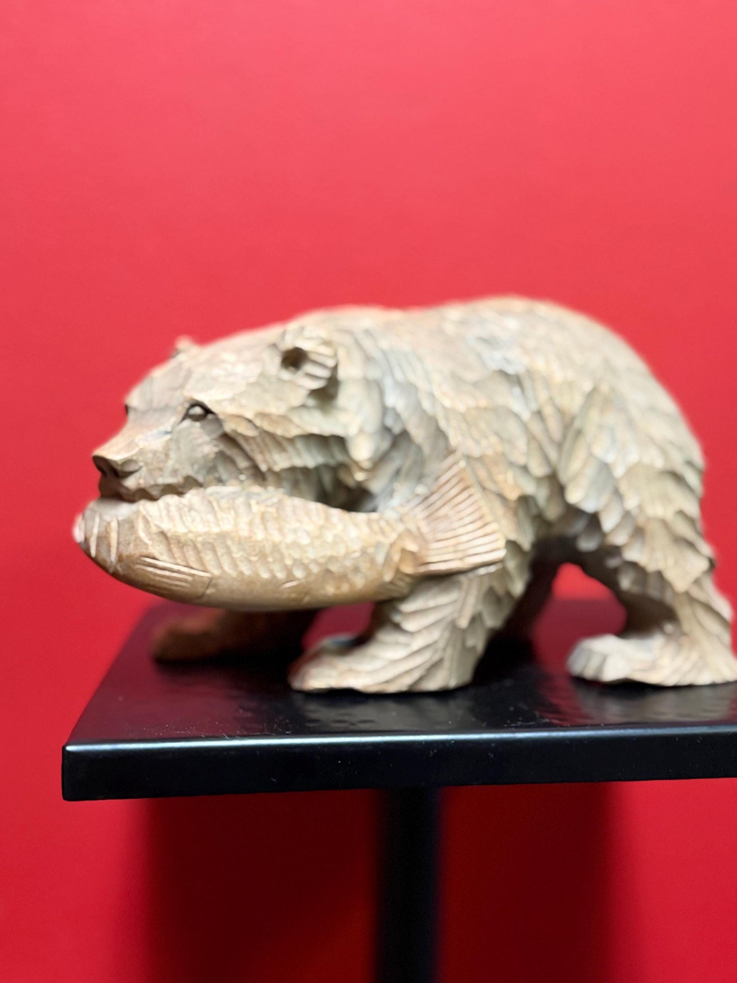 Antique Canadian carved wooden bear with salmon in mouth  7 1/2 x 4 high  nice detail  perfect gift