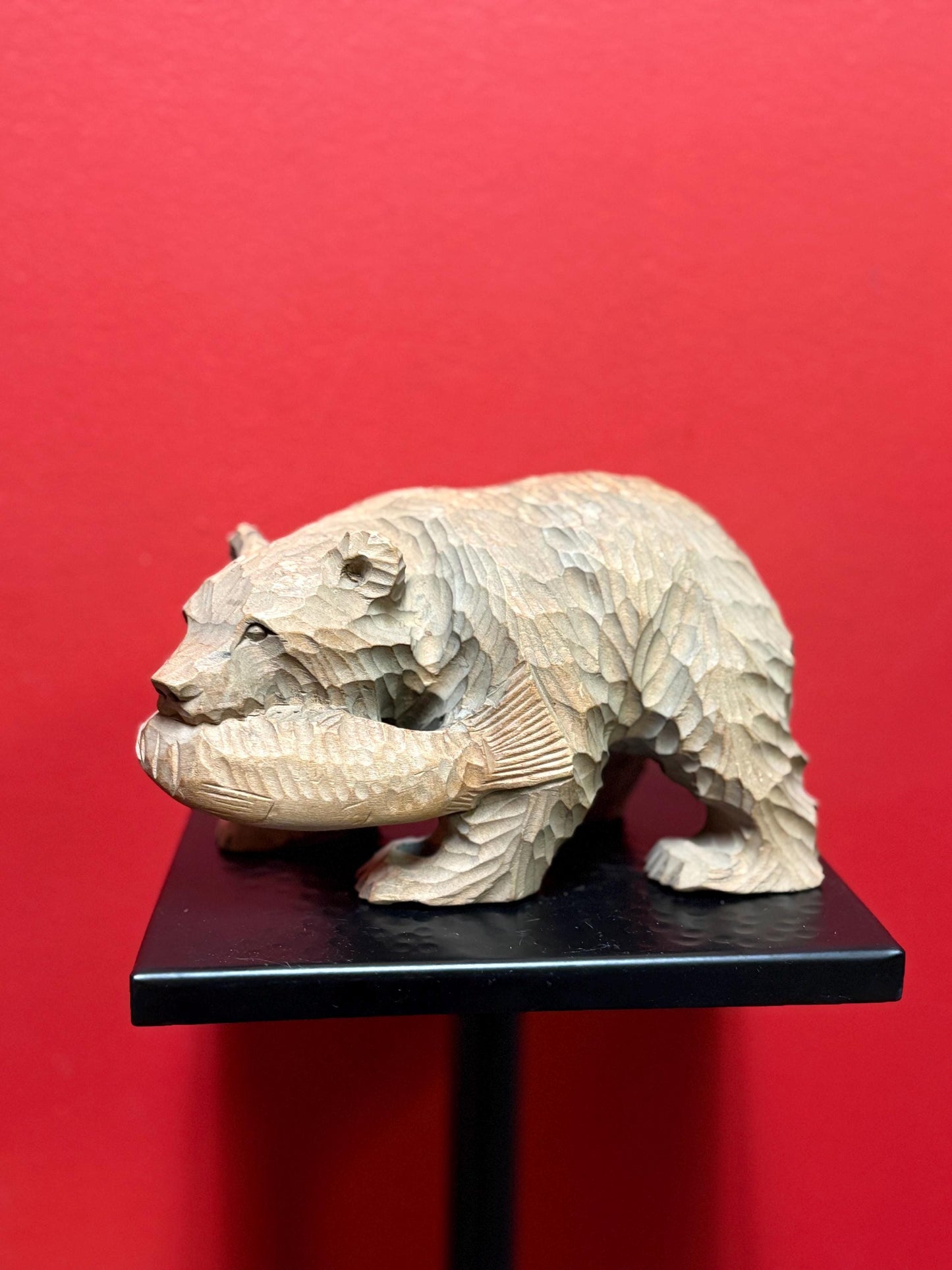 Antique Canadian carved wooden bear with salmon in mouth  7 1/2 x 4 high  nice detail  perfect gift