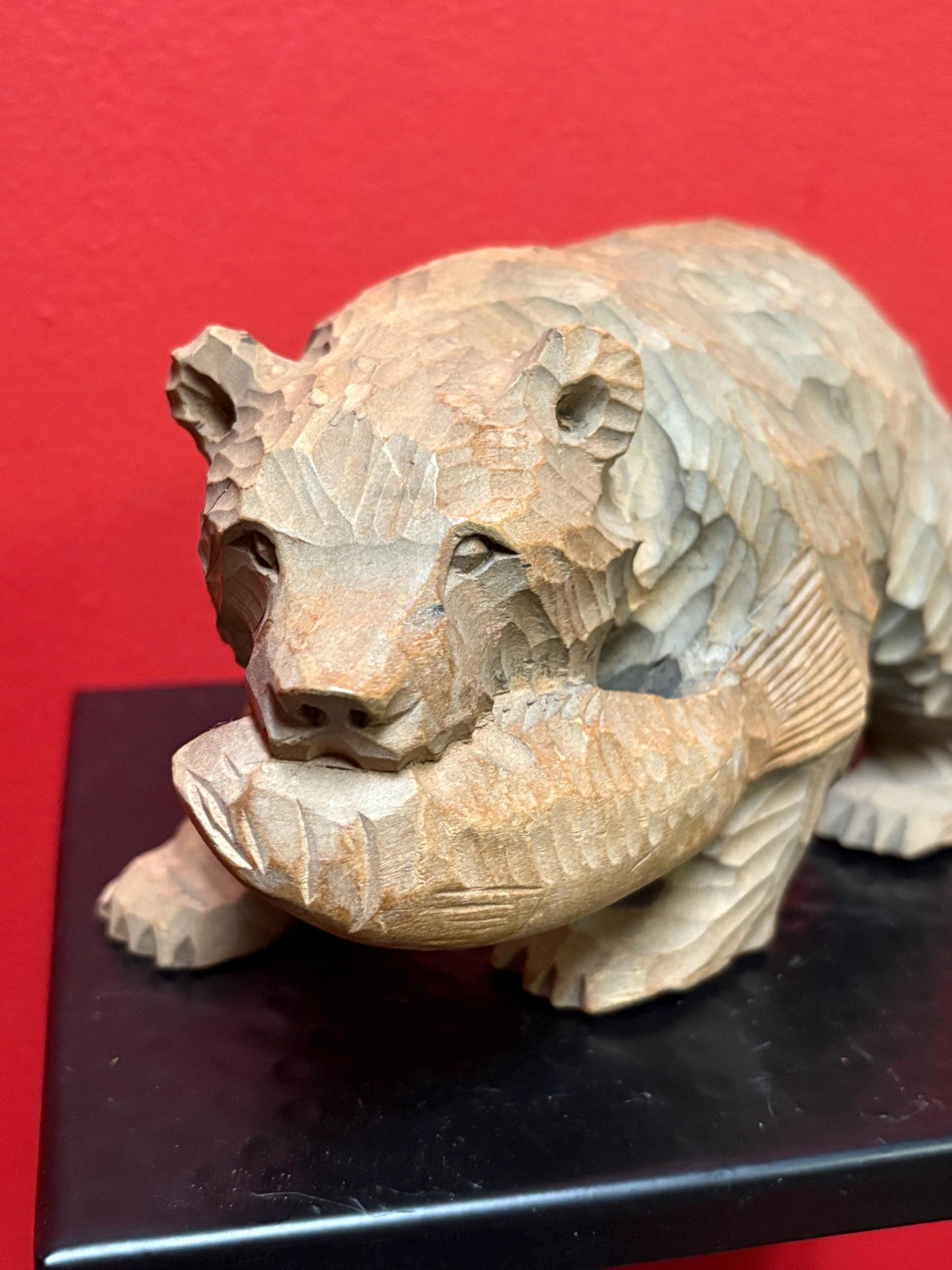 Antique Canadian carved wooden bear with salmon in mouth  7 1/2 x 4 high  nice detail  perfect gift