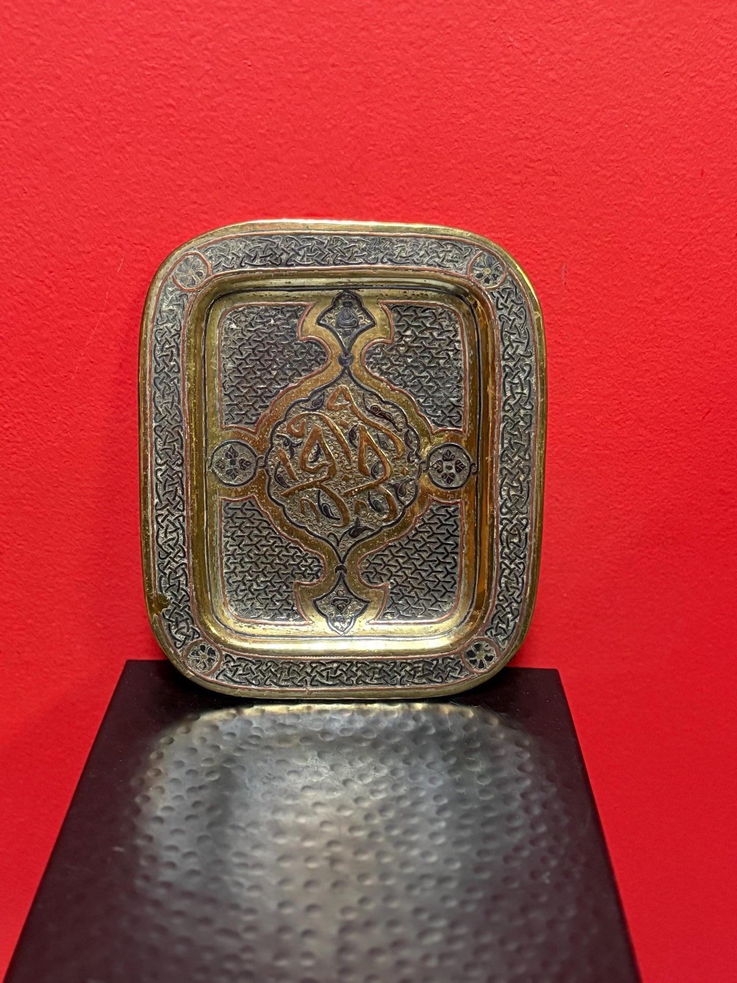 Intense 8 x 7 high Persian silver copper and brass tray  amazing detail