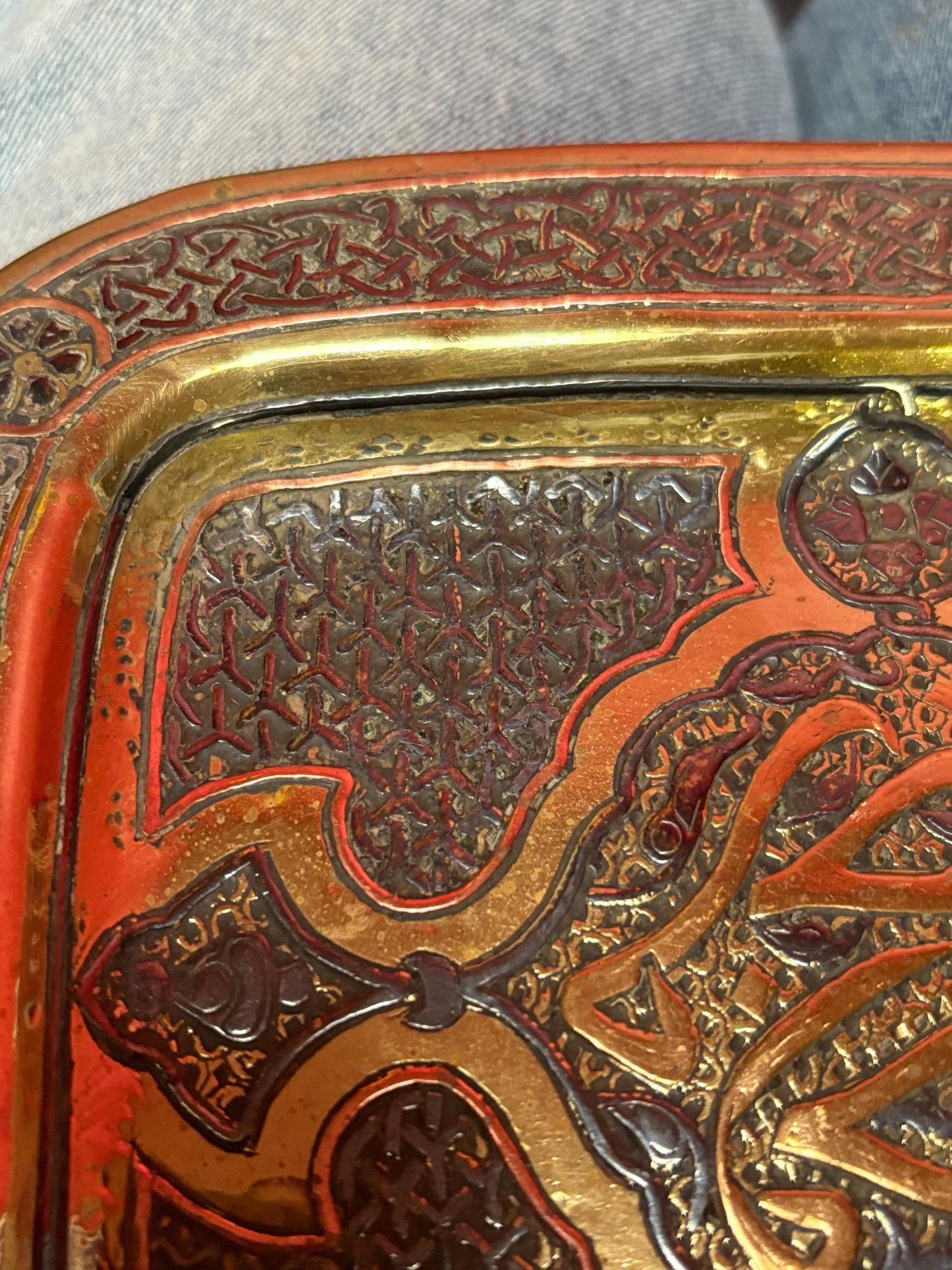 Intense 8 x 7 high Persian silver copper and brass tray  amazing detail