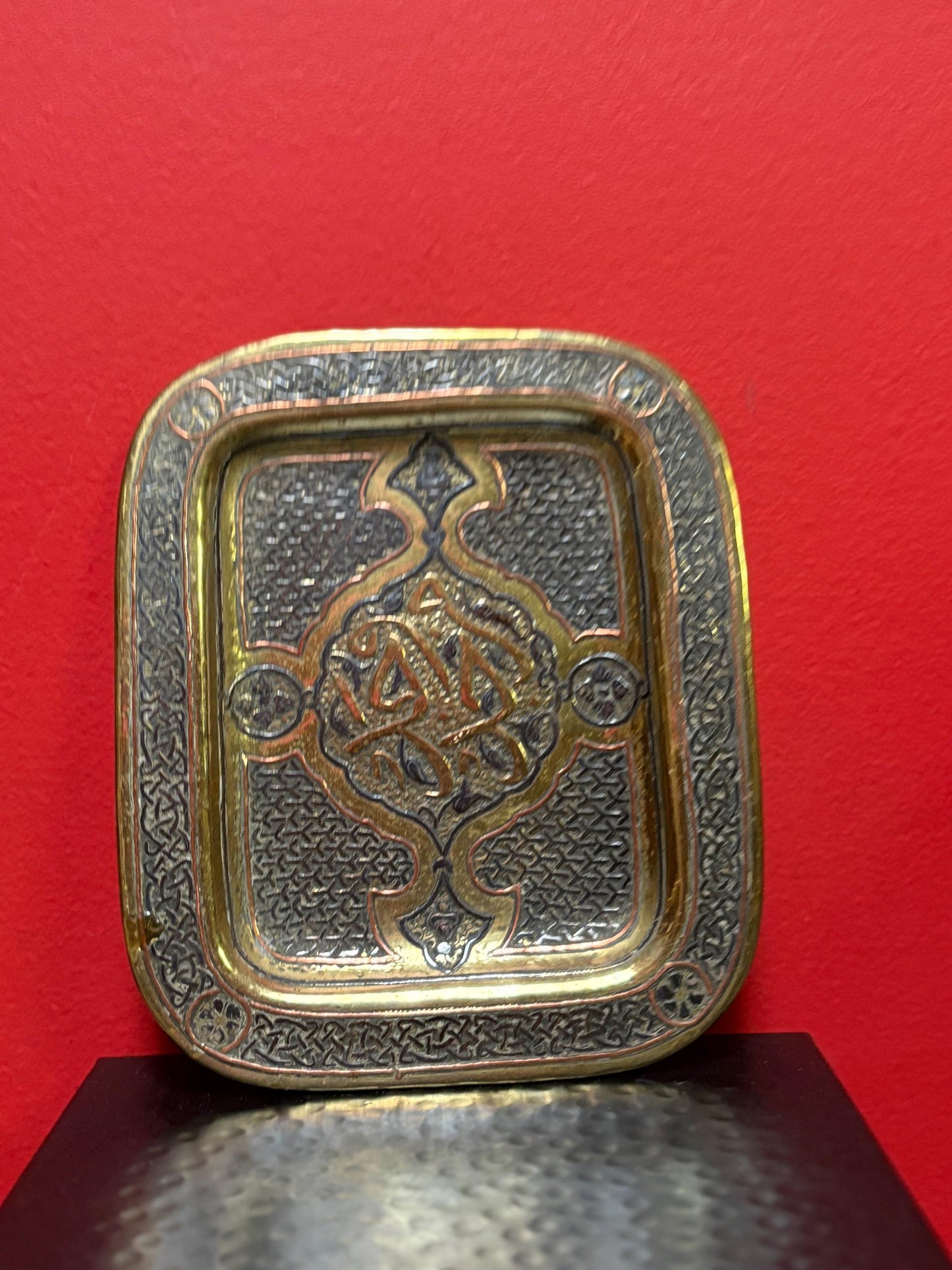Intense 8 x 7 high Persian silver copper and brass tray  amazing detail