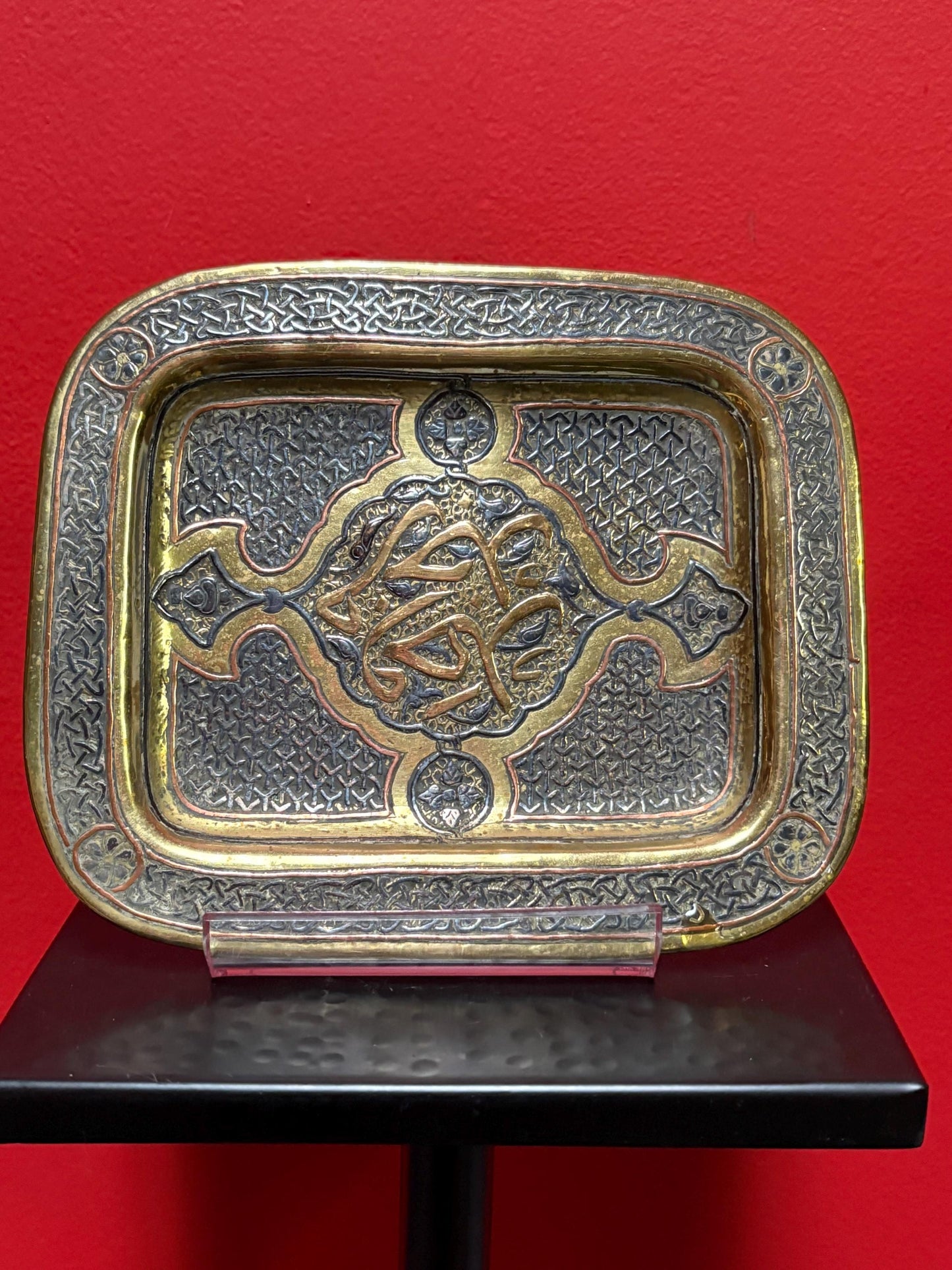 Intense 8 x 7 high Persian silver copper and brass tray  amazing detail