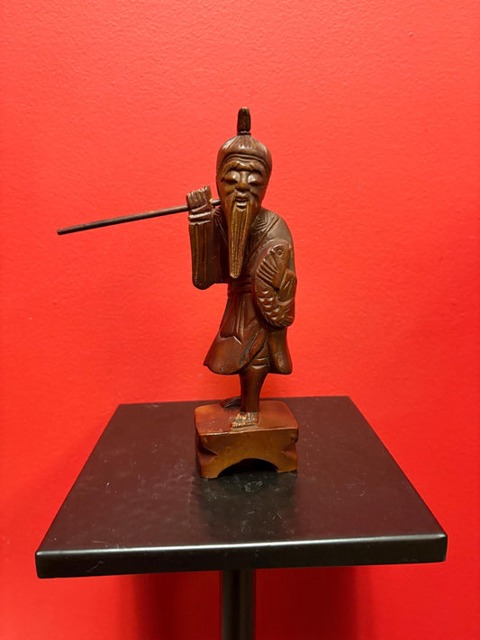 Chinese 8 inch tall wooden statue of a fisherman with great detail - value priced
