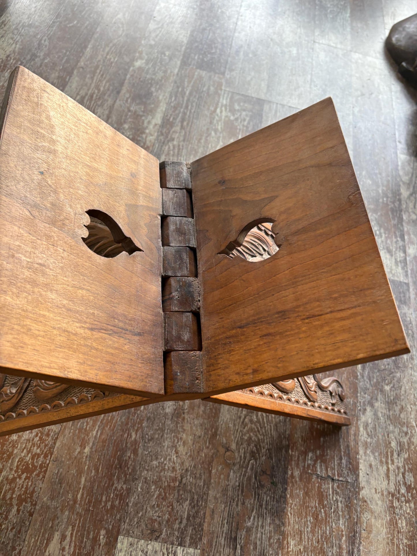 Stunning antique intricately carved Indian wood book stand  20 inch high by 11 inches wide when folded  wow detail