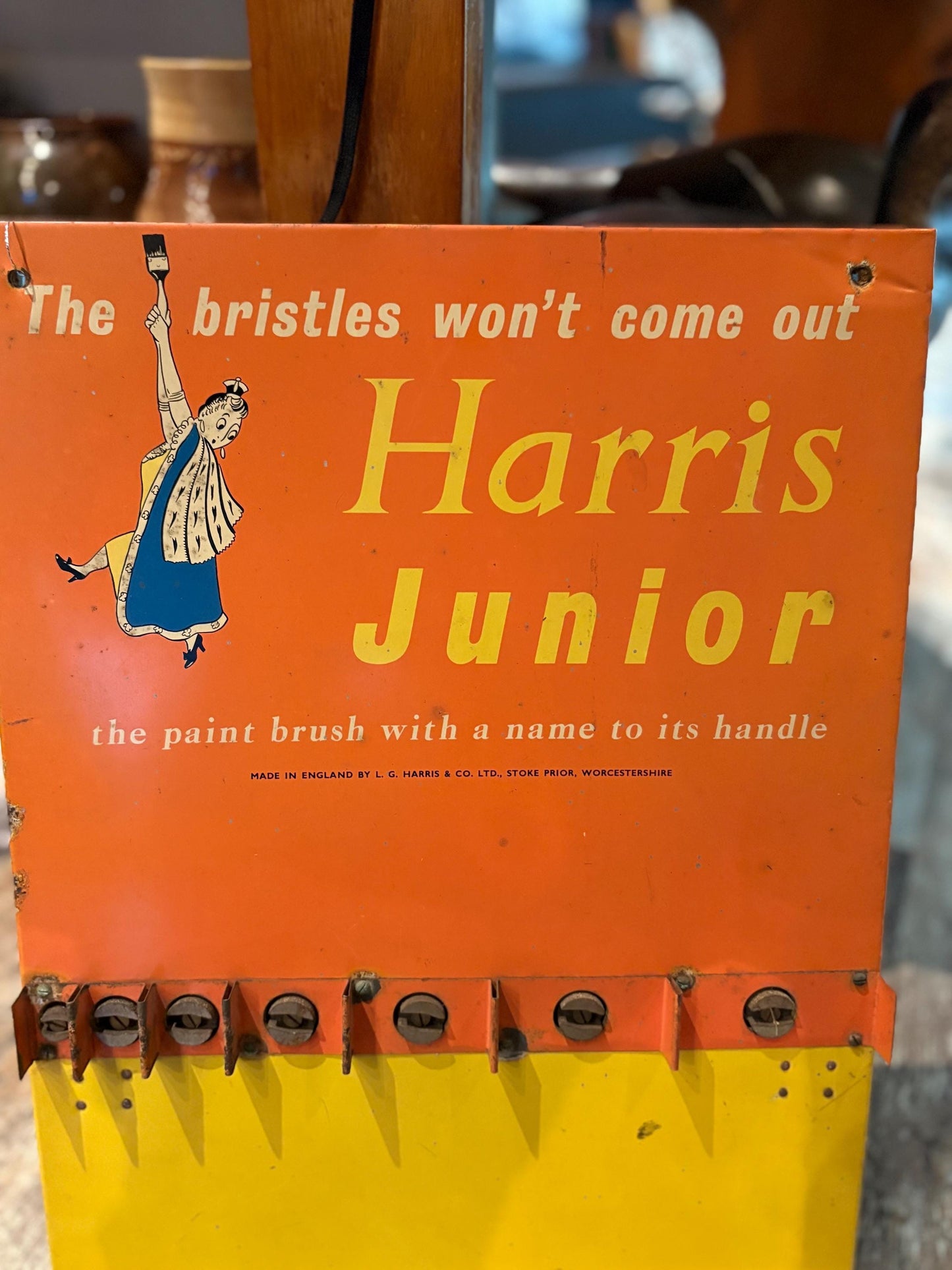 Rare antique Harris Junior paintbrush advertising holder in amazing condition - stand or hang -  wonderful imagery - 20 x 13“ wide