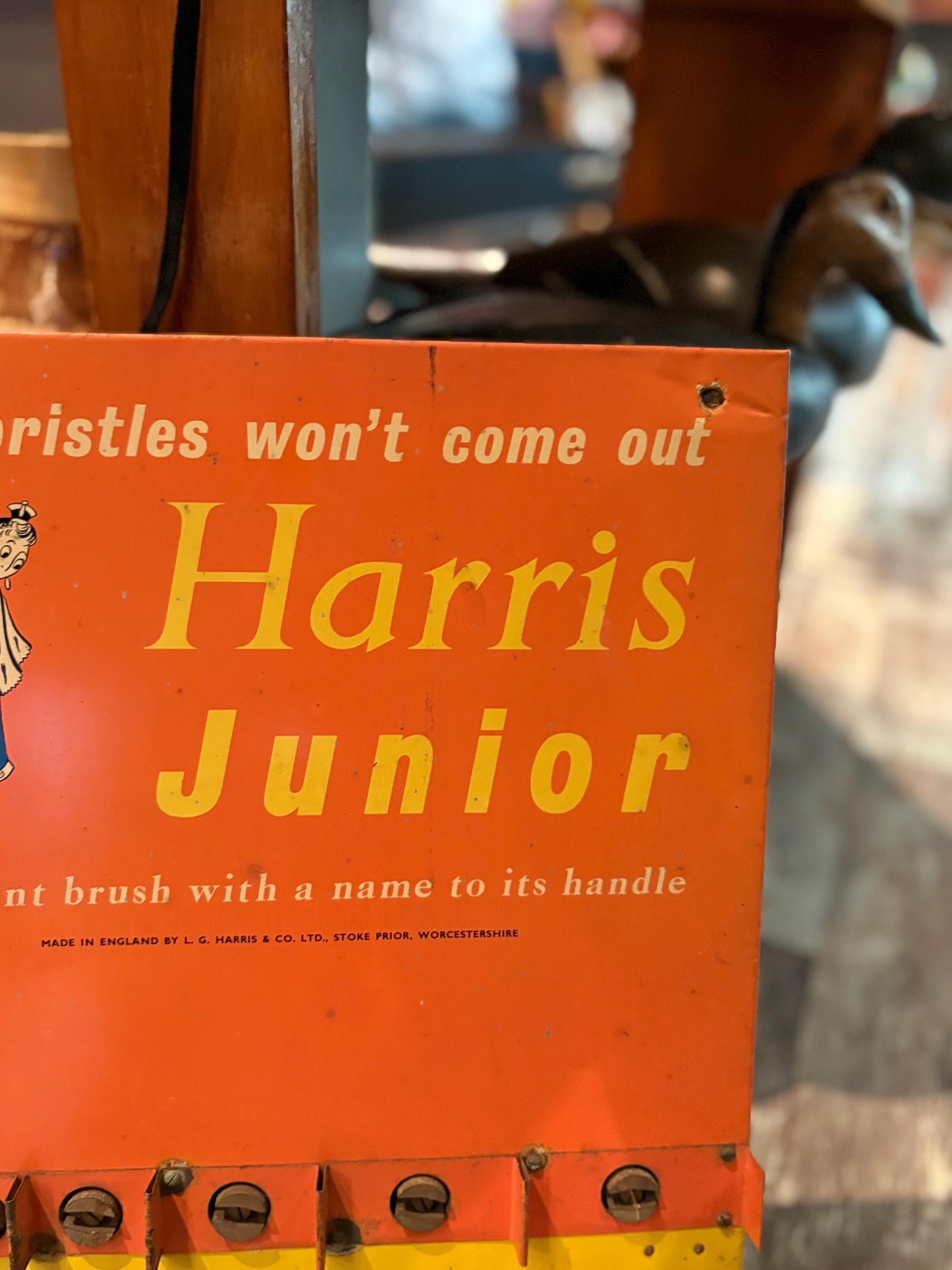 Rare antique Harris Junior paintbrush advertising holder in amazing condition - stand or hang -  wonderful imagery - 20 x 13“ wide