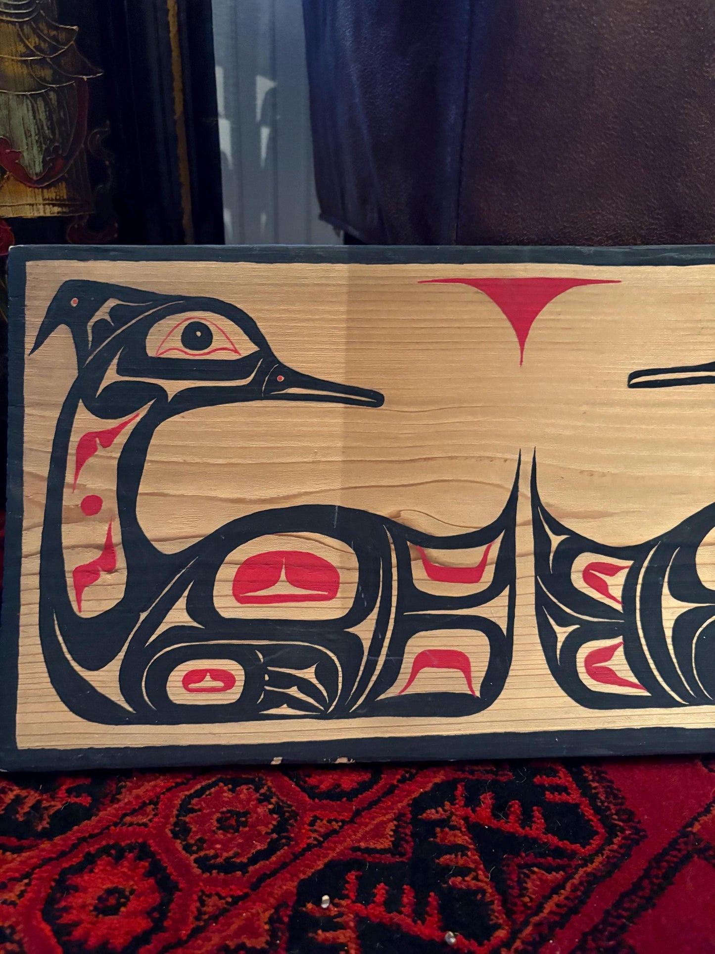 19 x 10 indigenous first nation Pacific Northwest coast signed male and female mirrored loon plaque  ready to hang - great value