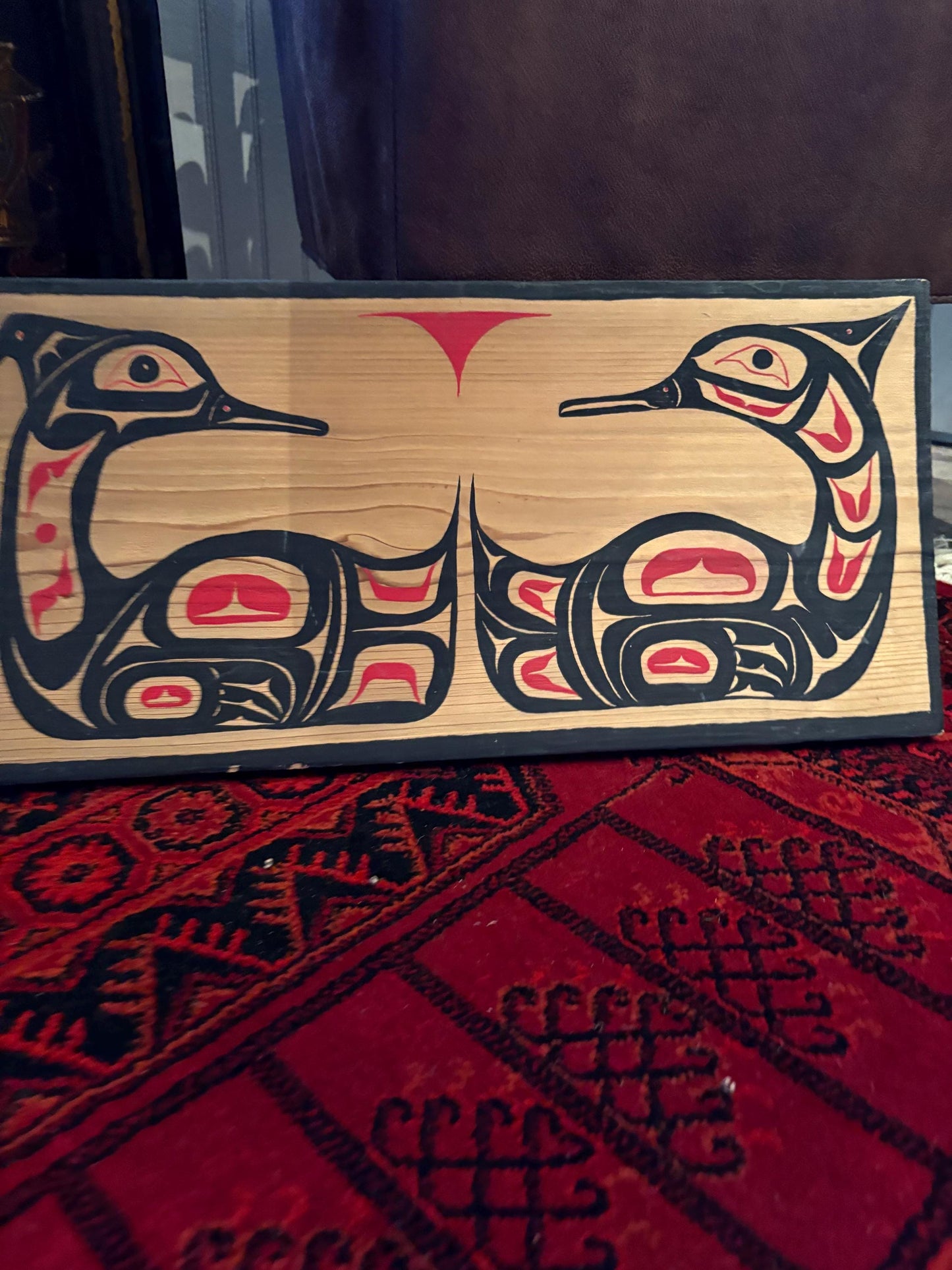 19 x 10 indigenous first nation Pacific Northwest coast signed male and female mirrored loon plaque  ready to hang - great value