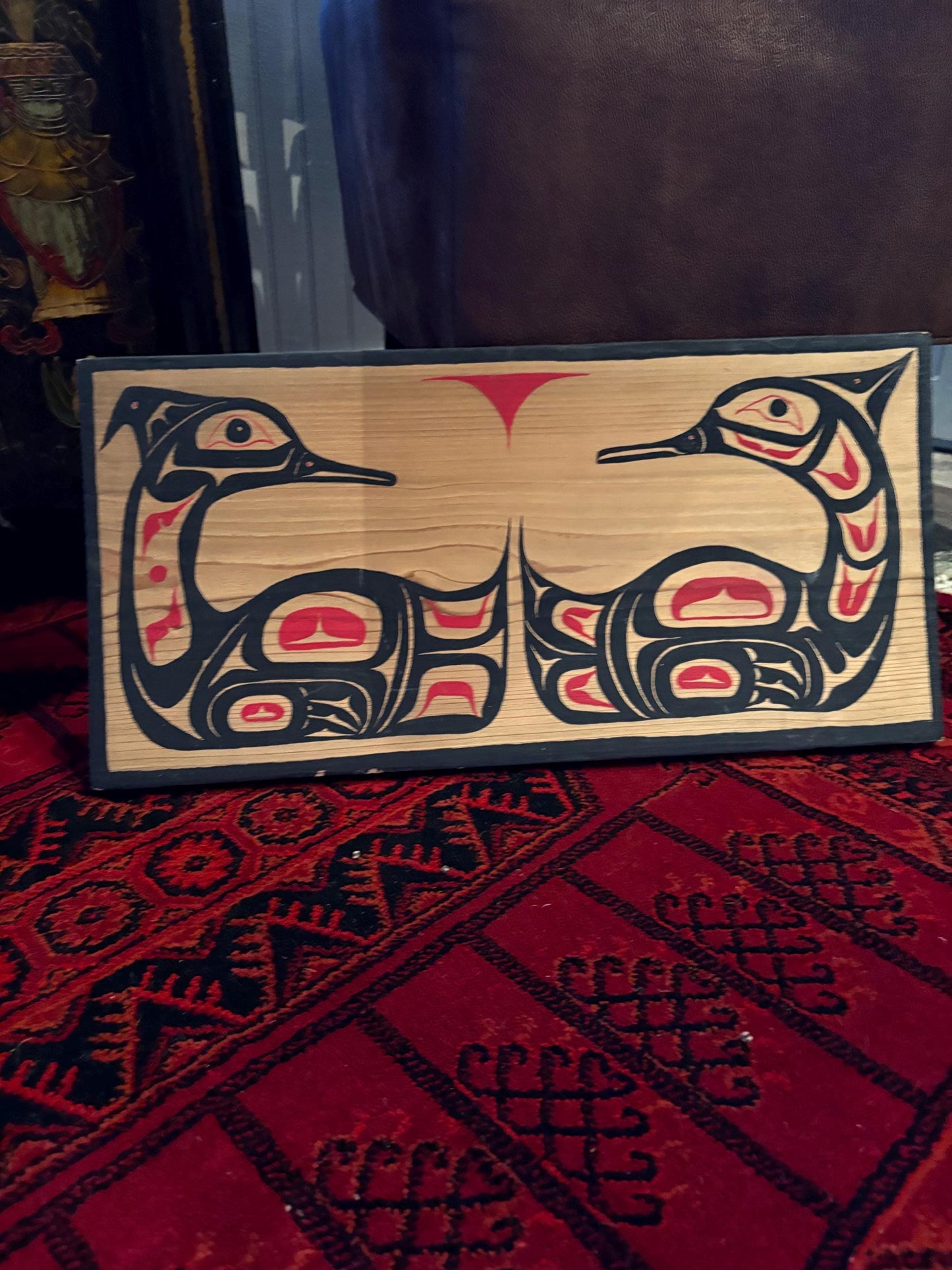 19 x 10 indigenous first nation Pacific Northwest coast signed male and female mirrored loon plaque  ready to hang - great value