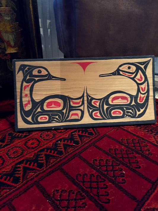 19 x 10 indigenous first nation Pacific Northwest coast signed male and female mirrored loon plaque  ready to hang - great value