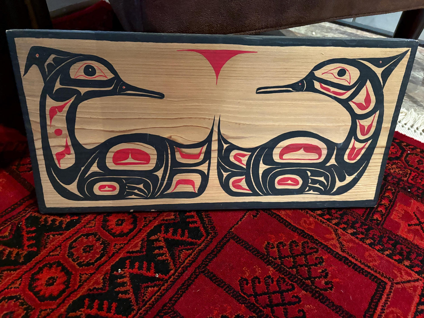19 x 10 indigenous first nation Pacific Northwest coast signed male and female mirrored loon plaque  ready to hang - great value