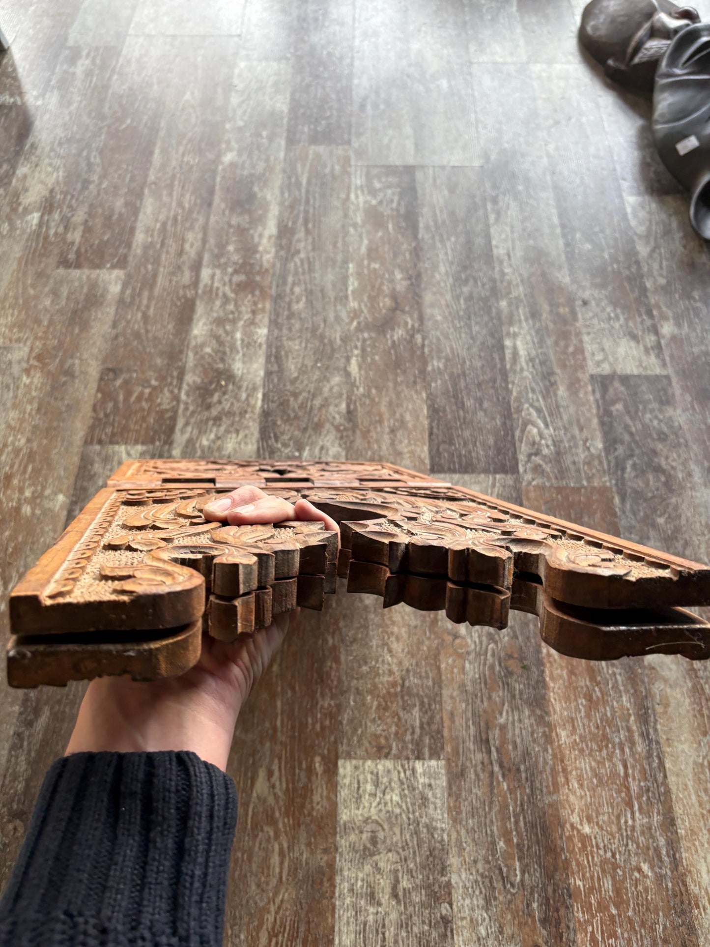Stunning antique intricately carved Indian wood book stand  20 inch high by 11 inches wide when folded  wow detail