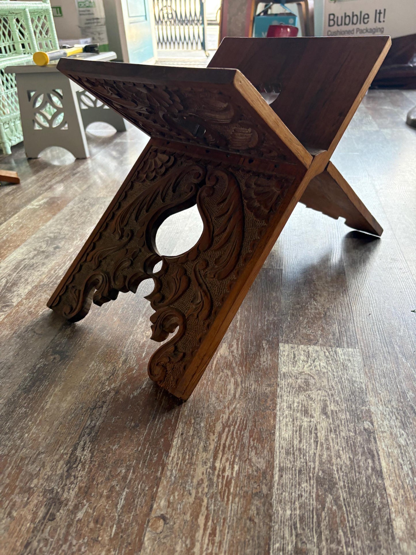 Stunning antique intricately carved Indian wood book stand  20 inch high by 11 inches wide when folded  wow detail