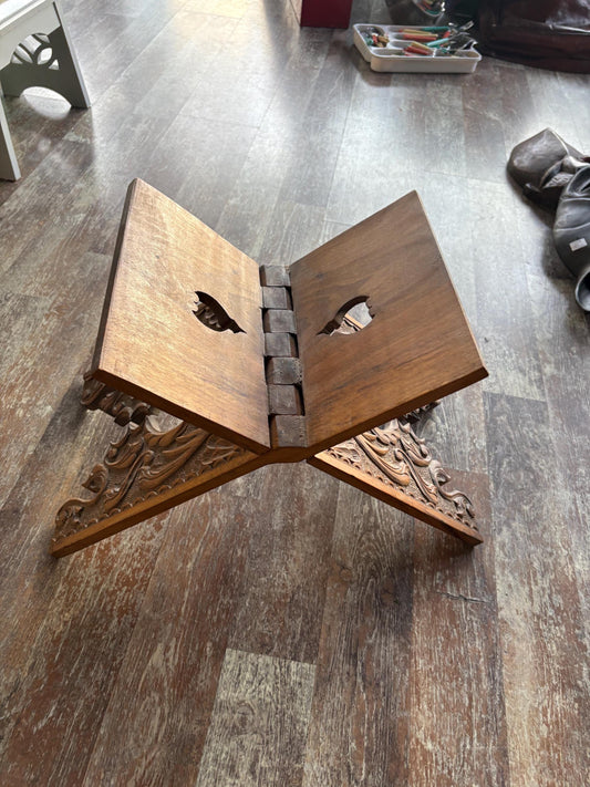 Stunning antique intricately carved Indian wood book stand  20 inch high by 11 inches wide when folded  wow detail