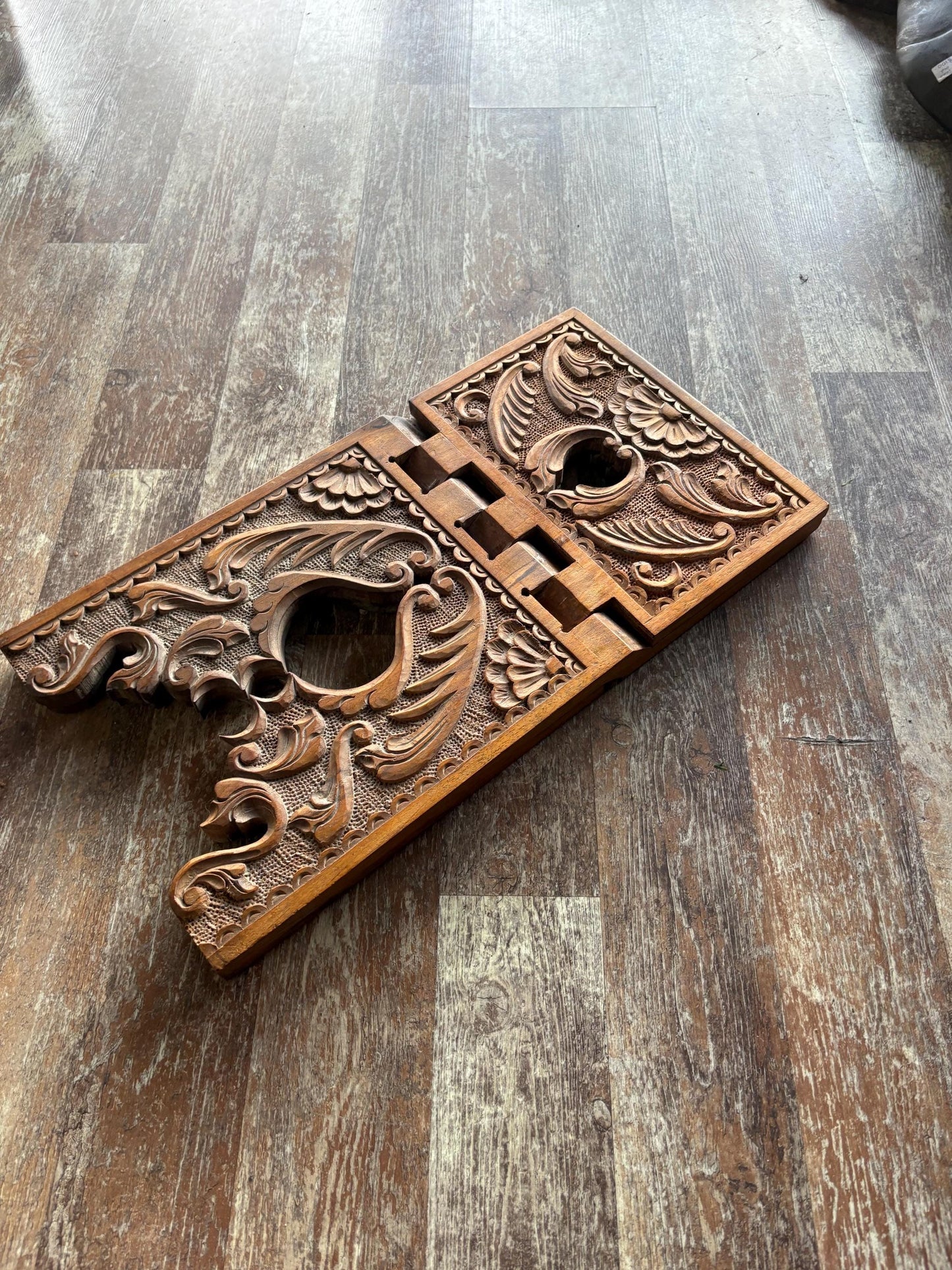 Stunning antique intricately carved Indian wood book stand  20 inch high by 11 inches wide when folded  wow detail