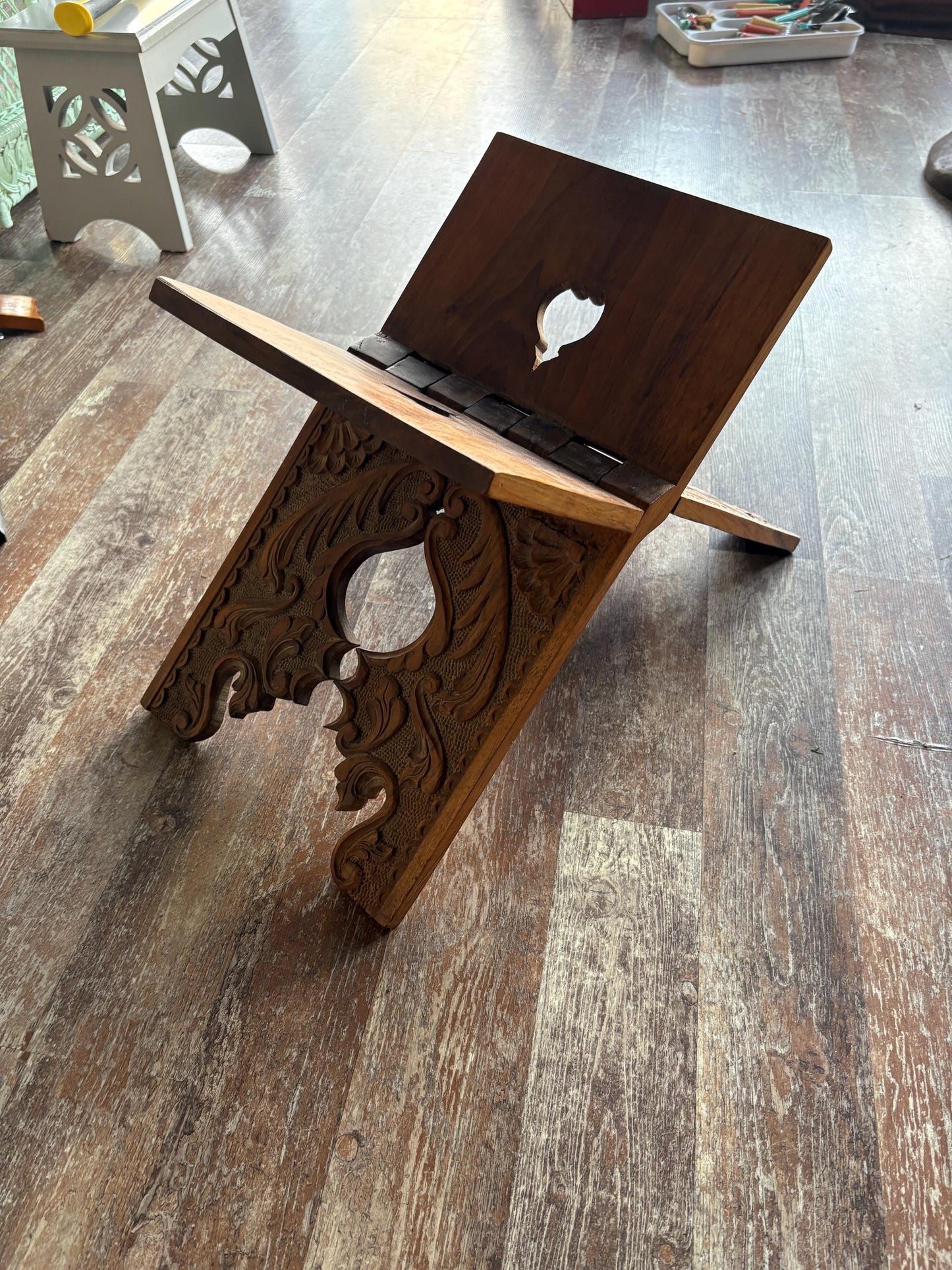 Stunning antique intricately carved Indian wood book stand  20 inch high by 11 inches wide when folded  wow detail