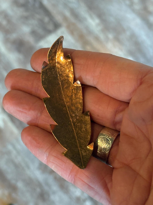 Hammered copper oak leaf brooch  3 inches long