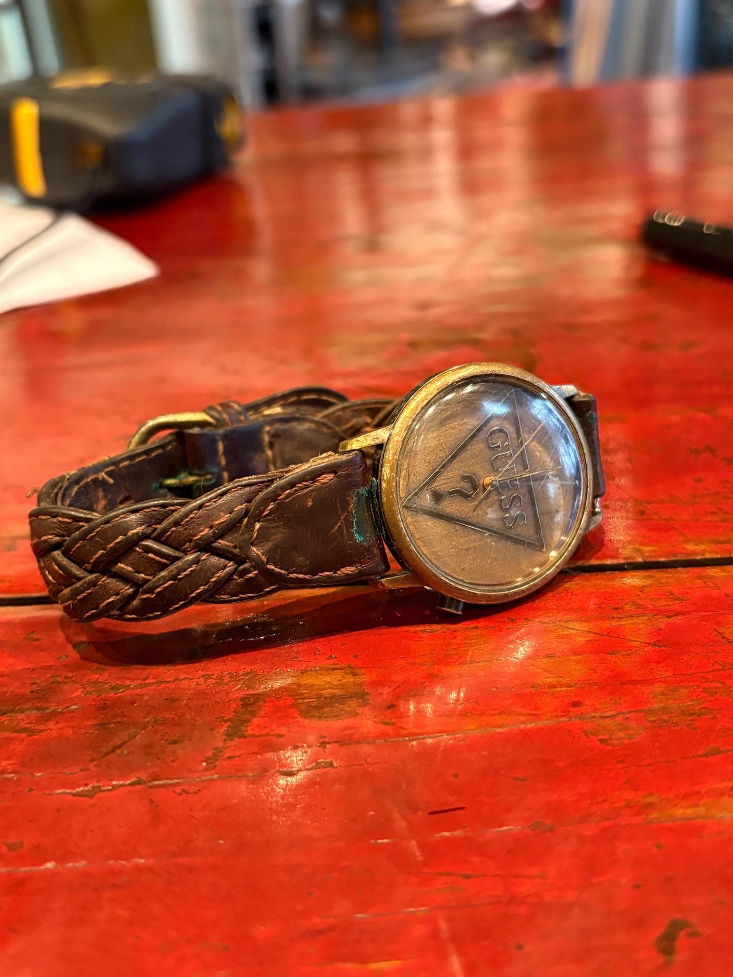 Very cool vintage GUESS watch with leather strap  9 inches long as is  needs battery   value priced